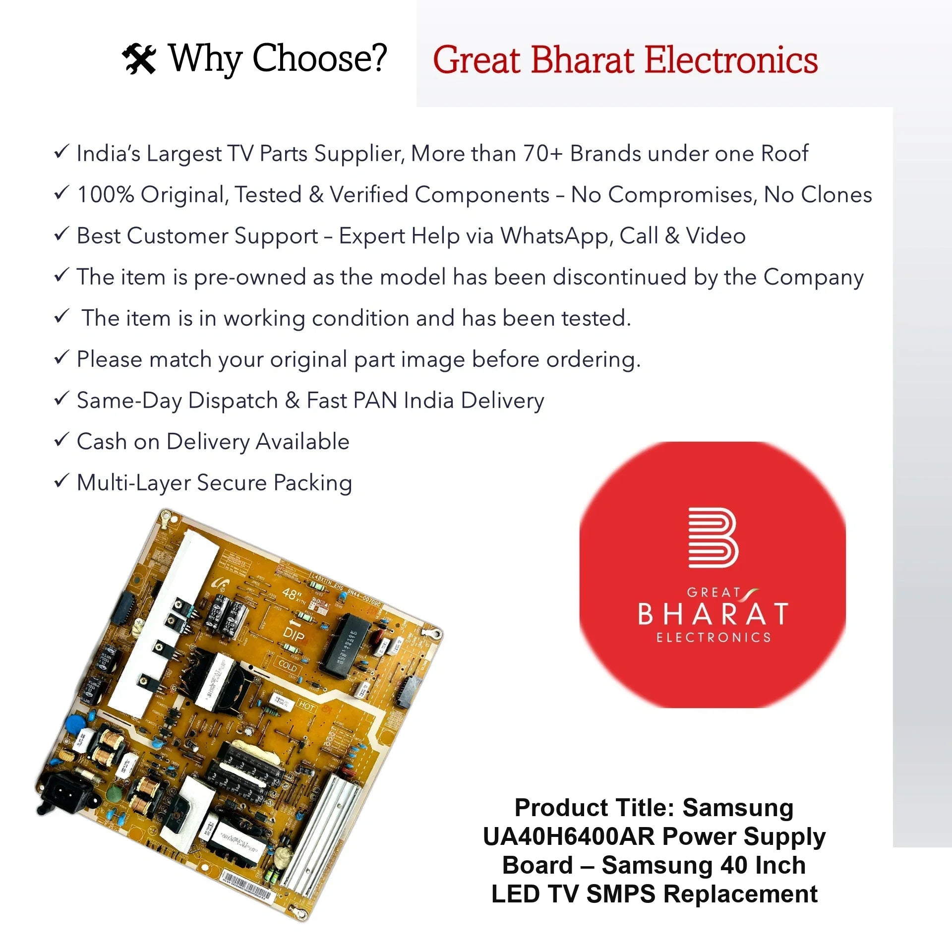Samsung UA40H6400AR Power Supply Board – Samsung 40 Inch LED TV SMPS Replacement - Great Bharat Electronics