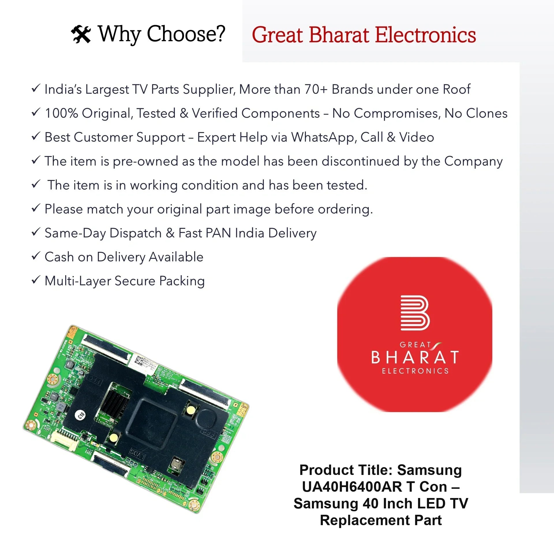 Samsung UA40H6400AR T-Con Board – Samsung 40 Inch LED TV Replacement Part - Great Bharat Electronics