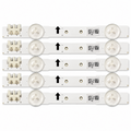Samsung UA40HU6008 backlight strip close-up showing white connectors, LED lenses, polarity markings and mounting holes