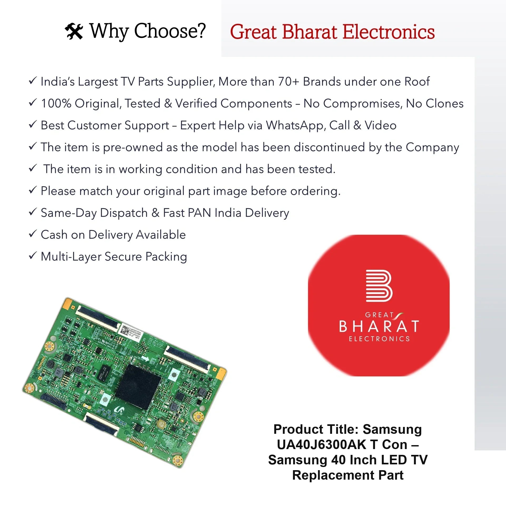 Samsung UA40J6300AK T-Con Board – Samsung 40 Inch LED TV Replacement Part - Great Bharat Electronics