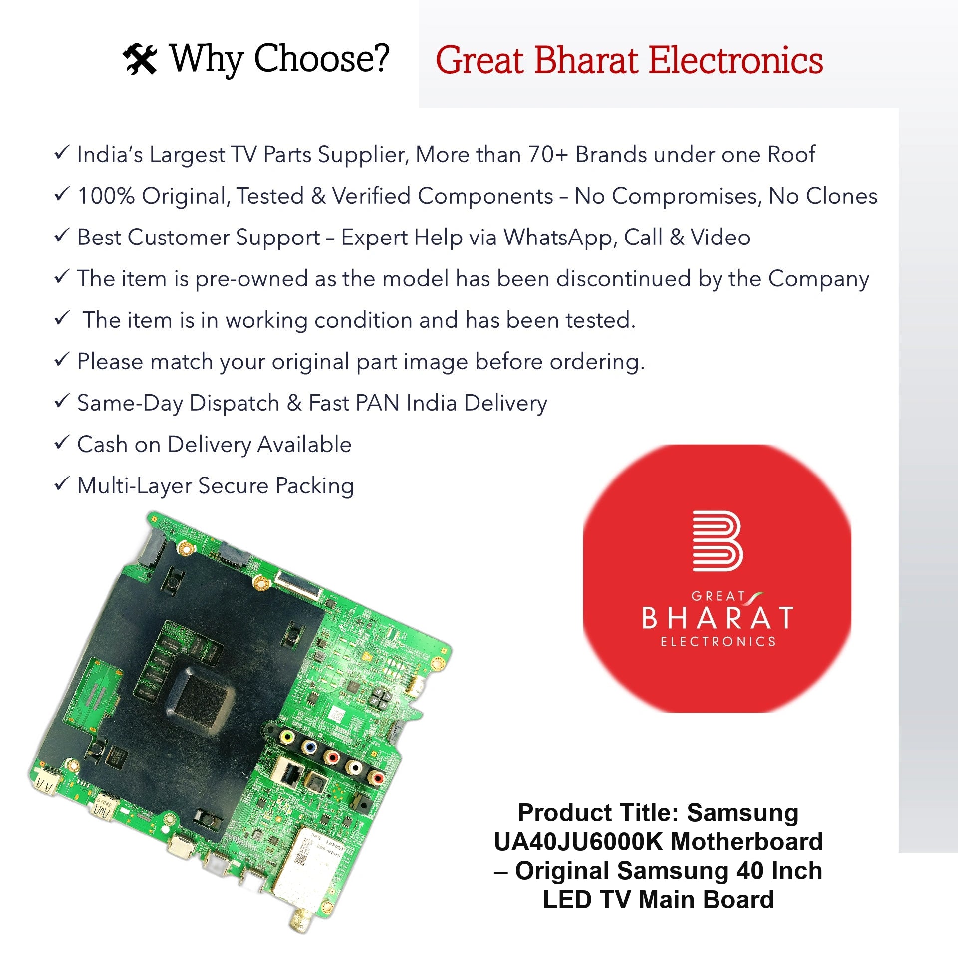 Samsung UA40JU6000K Motherboard – Original Samsung 40 Inch LED TV Main Board - Great Bharat Electronics