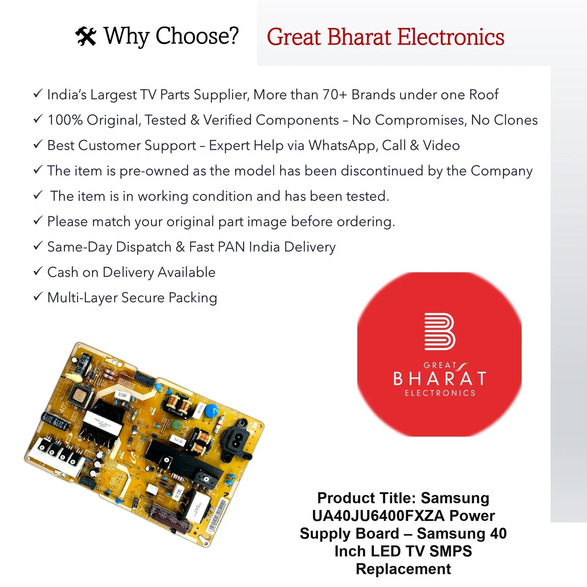 Samsung UA40JU6400FXZA Power Supply Board – Samsung 40 Inch LED TV SMPS Replacement - Great Bharat Electronics