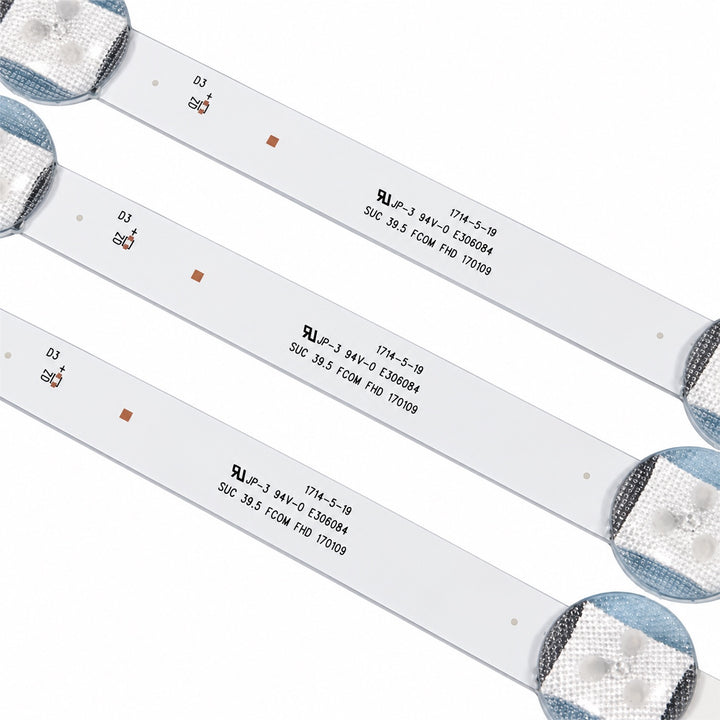 Samsung UA40K5000AR LED TV backlight strip markings showing SUC 39.5 FCOM FHD 170109, JP-3 94V-0 E306084 and LED lens detail