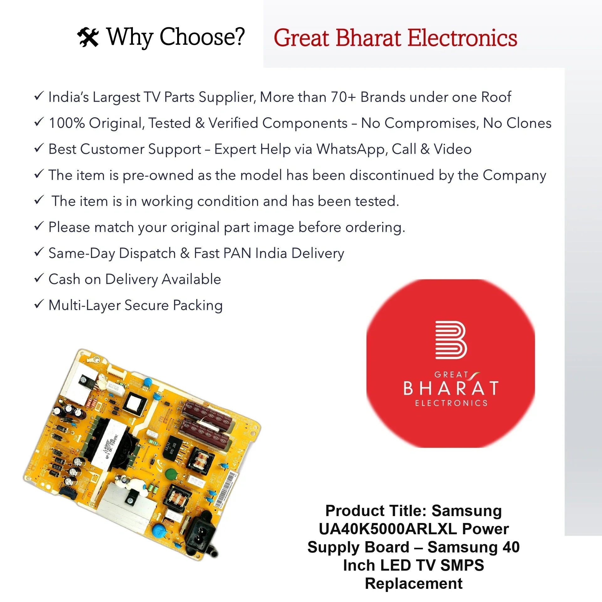 Samsung UA40K5000ARLXL Power Supply Board – Samsung 40 Inch LED TV SMPS Replacement - Great Bharat Electronics