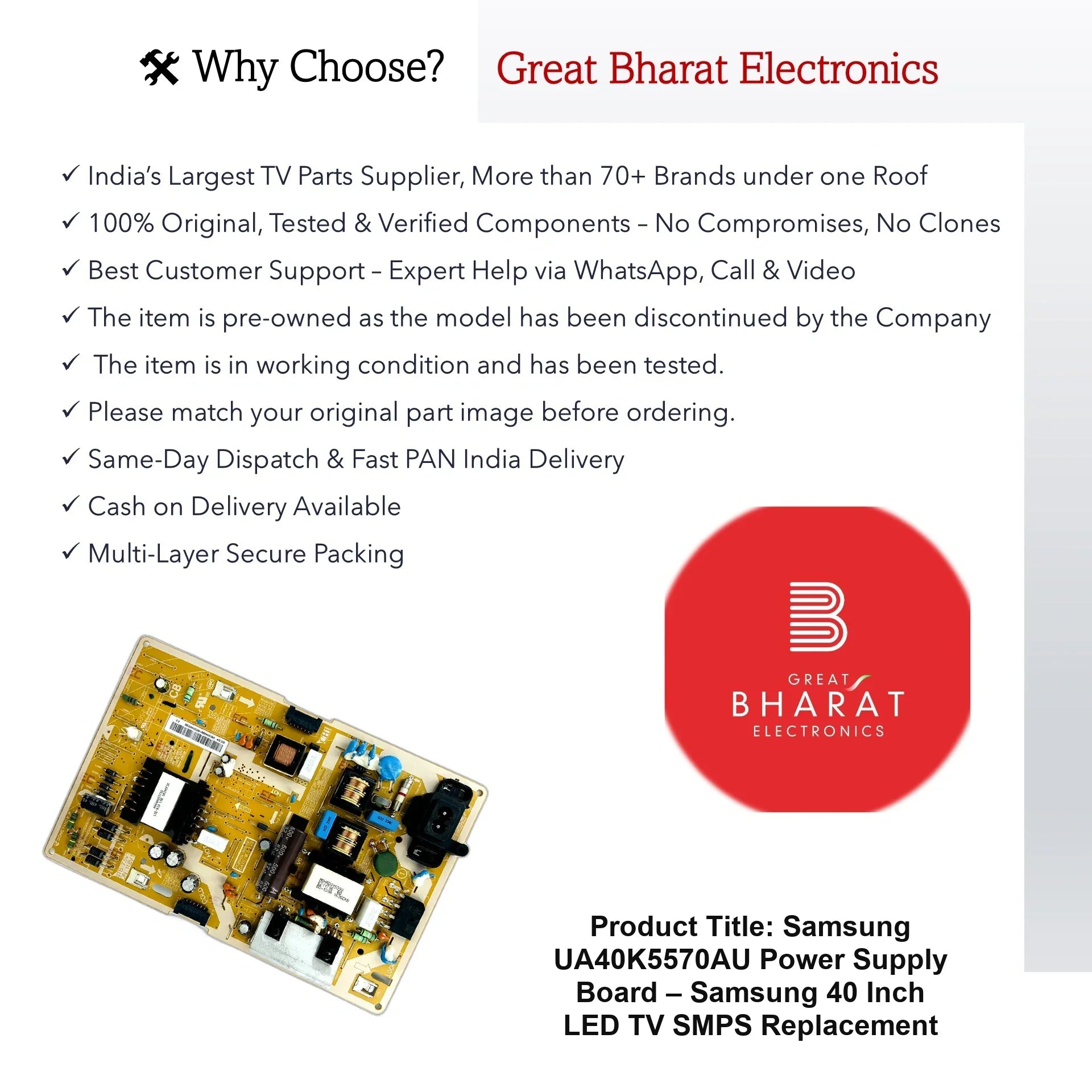 Samsung UA40K5570AU Power Supply Board – Samsung 40 Inch LED TV SMPS Replacement - Great Bharat Electronics