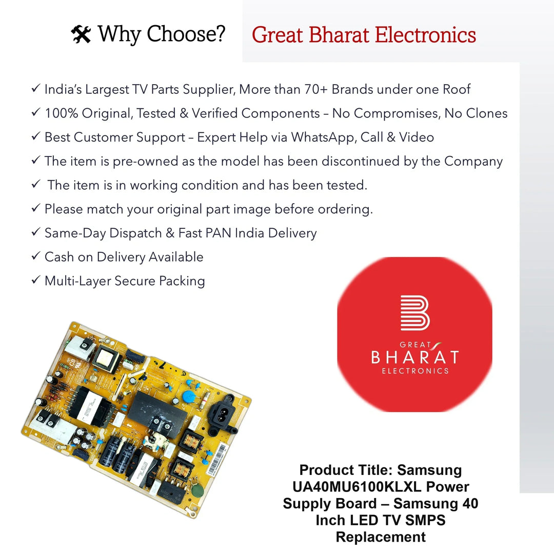 Samsung UA40MU6100KLXL Power Supply Board – Samsung 40 Inch LED TV SMPS Replacement - Great Bharat Electronics