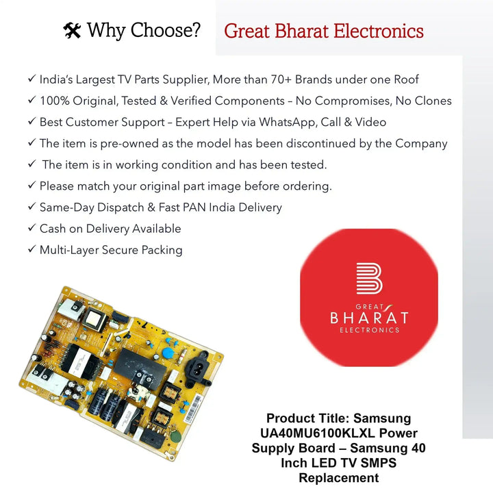 Samsung UA40MU6100KLXL Power Supply Board – Samsung 40 Inch LED TV SMPS Replacement - Great Bharat Electronics
