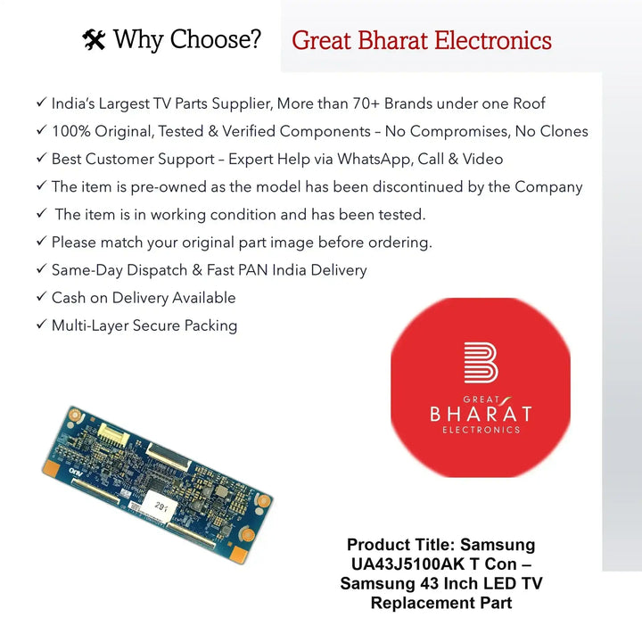 Samsung UA43J5100AK T-Con Board – Samsung 43 Inch LED TV Replacement Part - Great Bharat Electronics