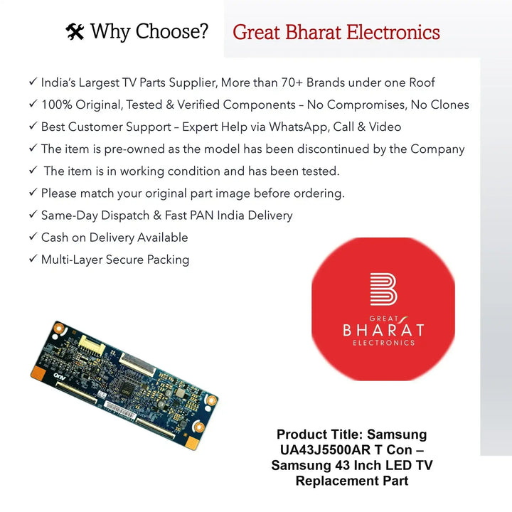 Samsung UA43J5500AR T-Con Board – Samsung 43 Inch LED TV Replacement Part - Great Bharat Electronics