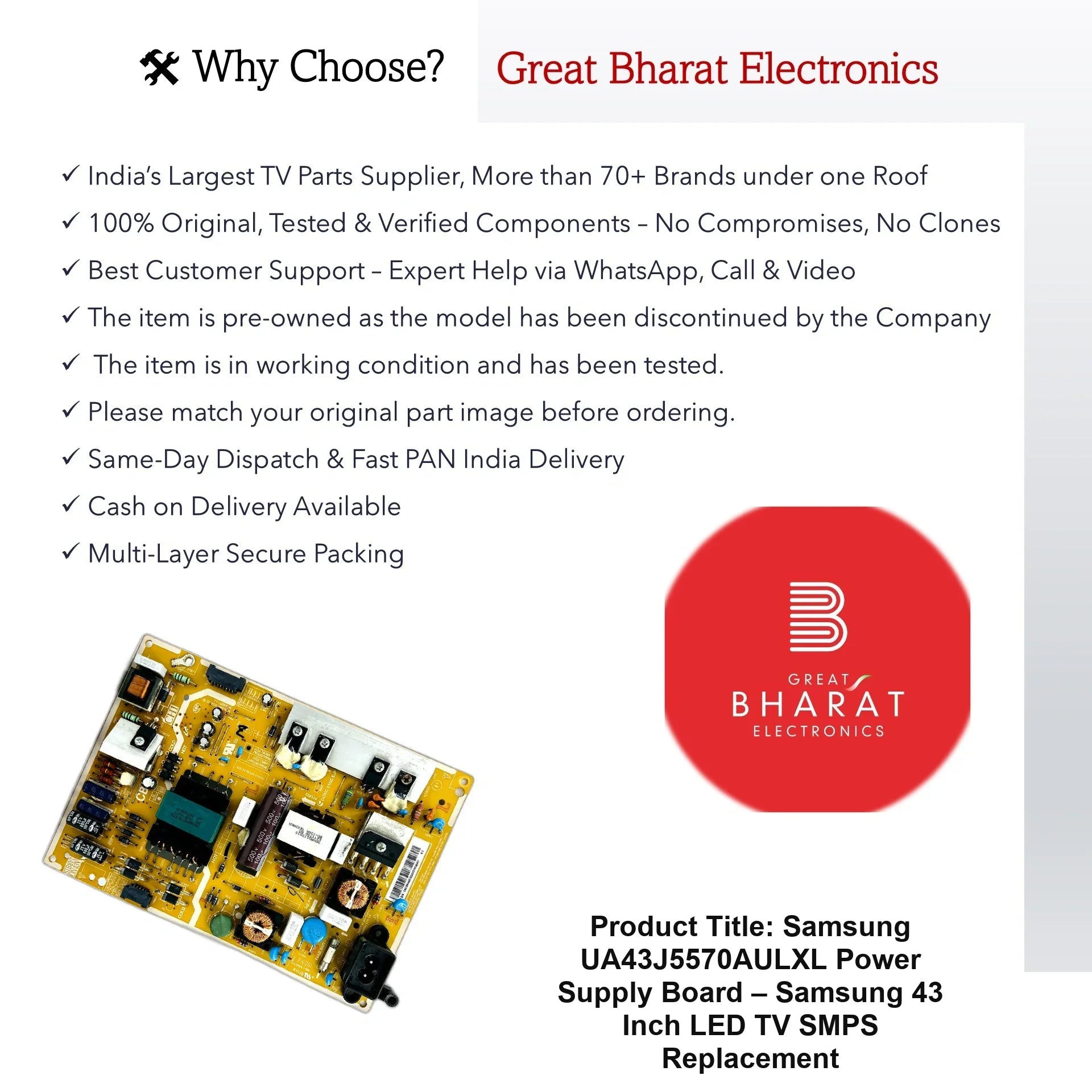 Samsung UA43J5570AULXL Power Supply Board – Samsung 43 Inch LED TV SMPS Replacement - Great Bharat Electronics