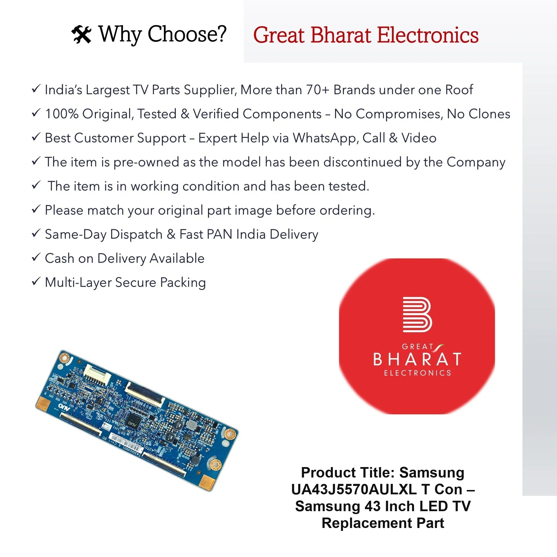 Samsung UA43J5570AULXL T-Con Board – Samsung 43 Inch LED TV Replacement Part - Great Bharat Electronics