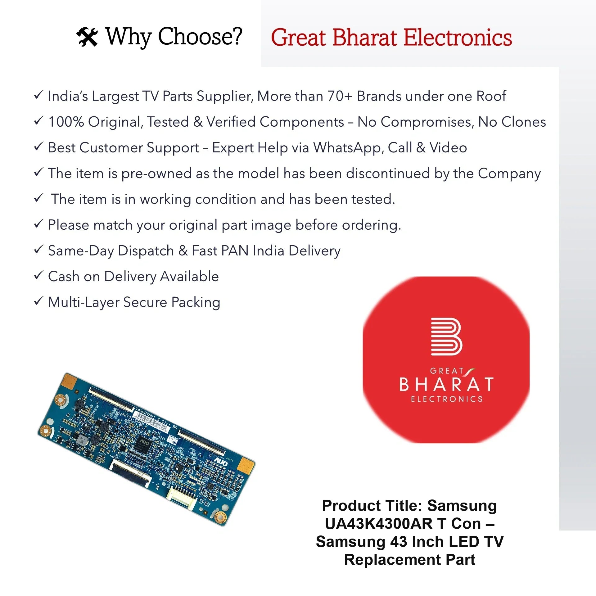 Samsung UA43K4300AR T-Con Board – Samsung 43 Inch LED TV Replacement Part - Great Bharat Electronics