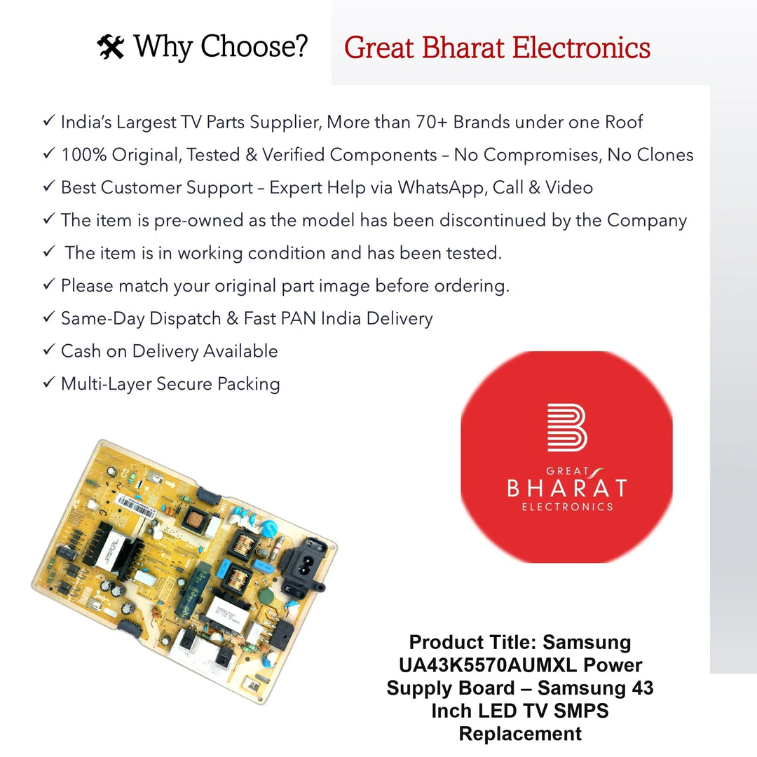 Samsung UA43K5570AUMXL Power Supply Board – Samsung 43 Inch LED TV SMPS Replacement - Great Bharat Electronics