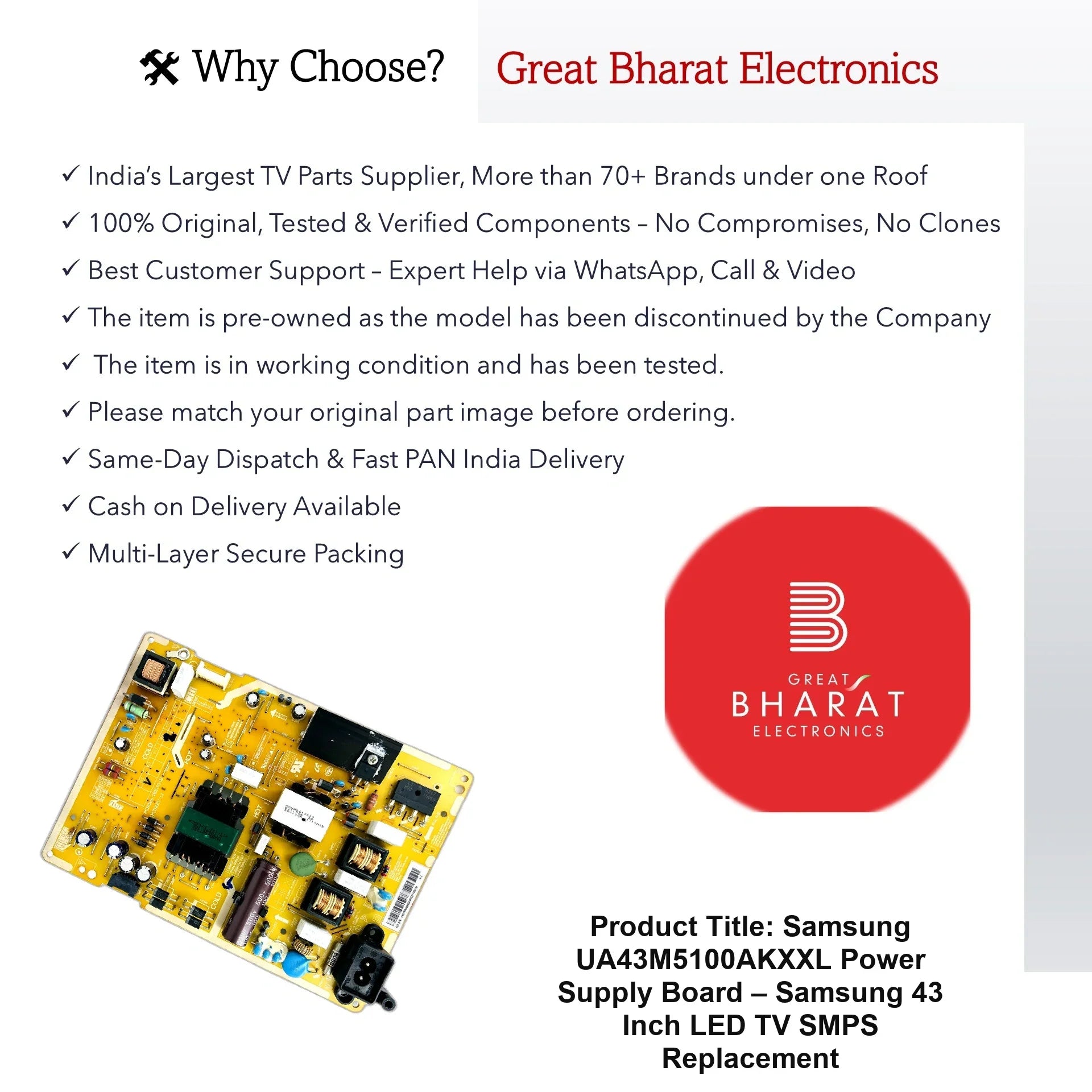 Samsung UA43M5100AKXXL Power Supply Board – Samsung 43 Inch LED TV SMPS Replacement - Great Bharat Electronics