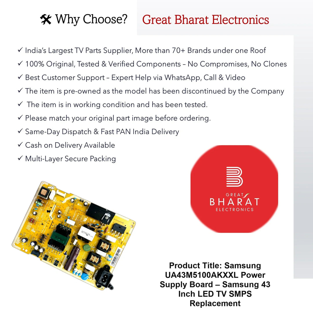 Samsung UA43M5100AKXXL Power Supply Board – Samsung 43 Inch LED TV SMPS Replacement - Great Bharat Electronics