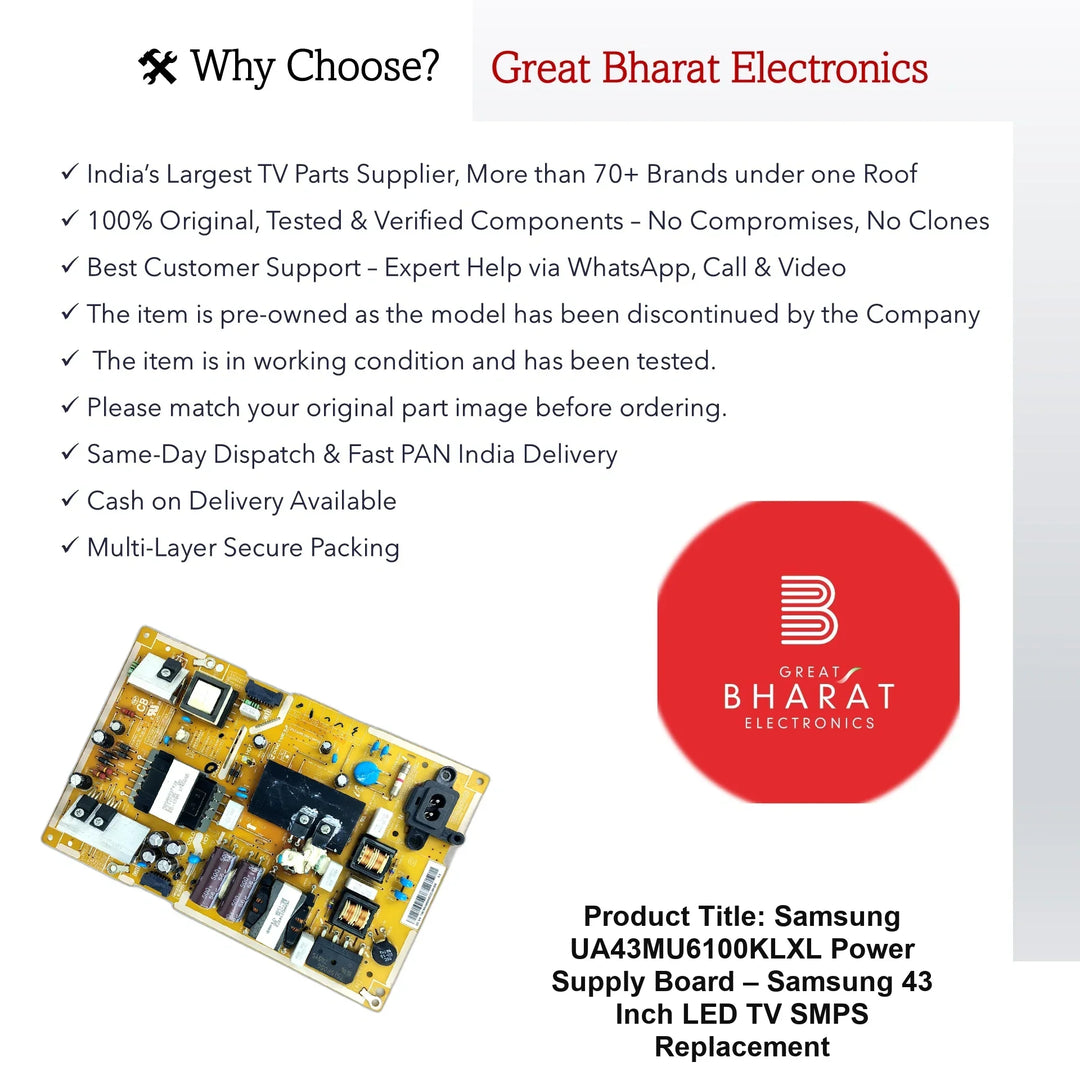 Samsung UA43MU6100KLXL Power Supply Board – Samsung 43 Inch LED TV SMPS Replacement - Great Bharat Electronics