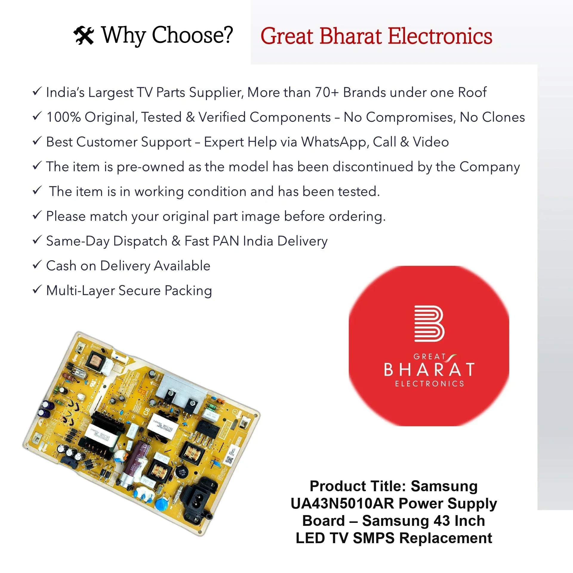 Samsung UA43N5010AR Power Supply Board – Samsung 43 Inch LED TV SMPS Replacement - Great Bharat Electronics