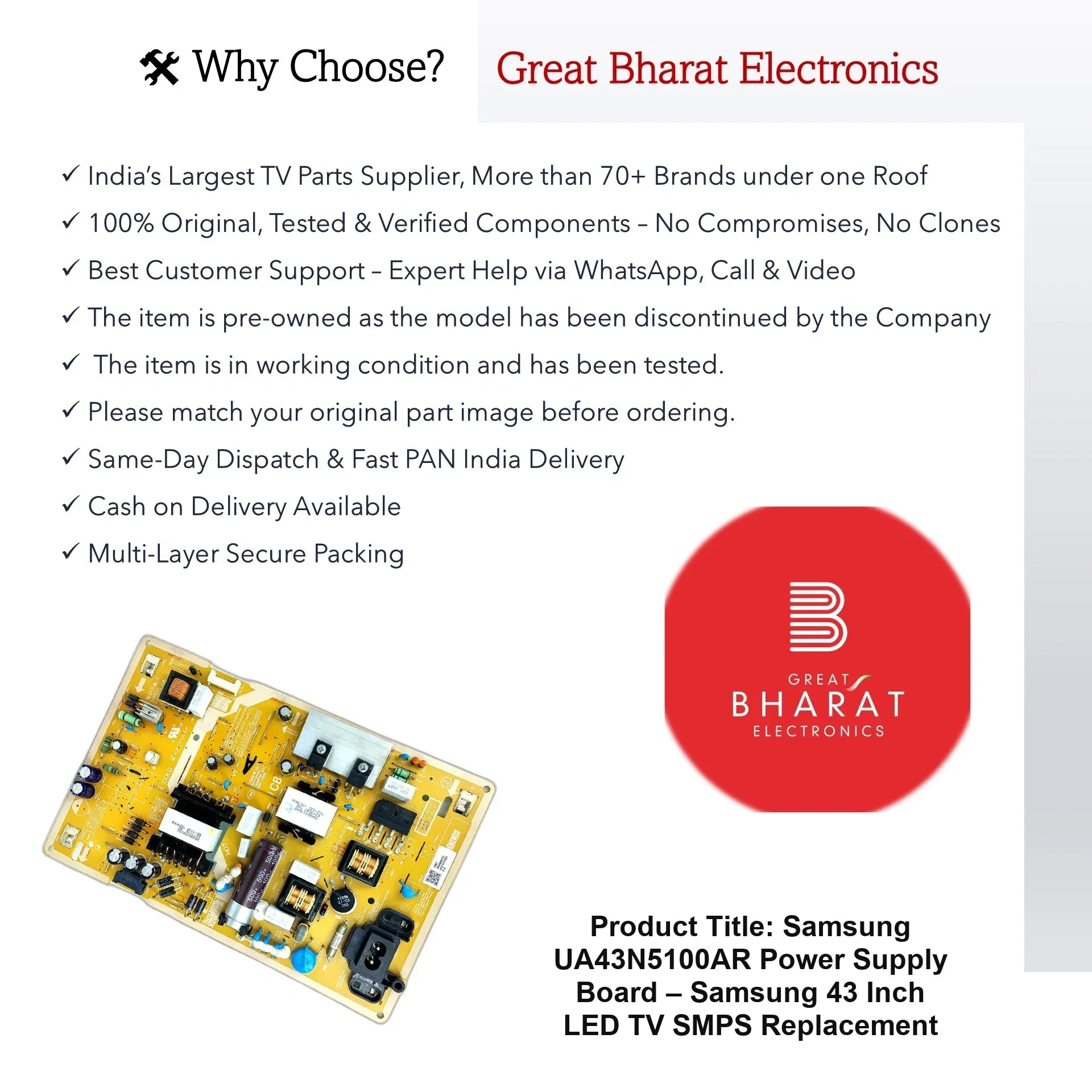 Samsung UA43N5100AR Power Supply Board – Samsung 43 Inch LED TV SMPS Replacement - Great Bharat Electronics