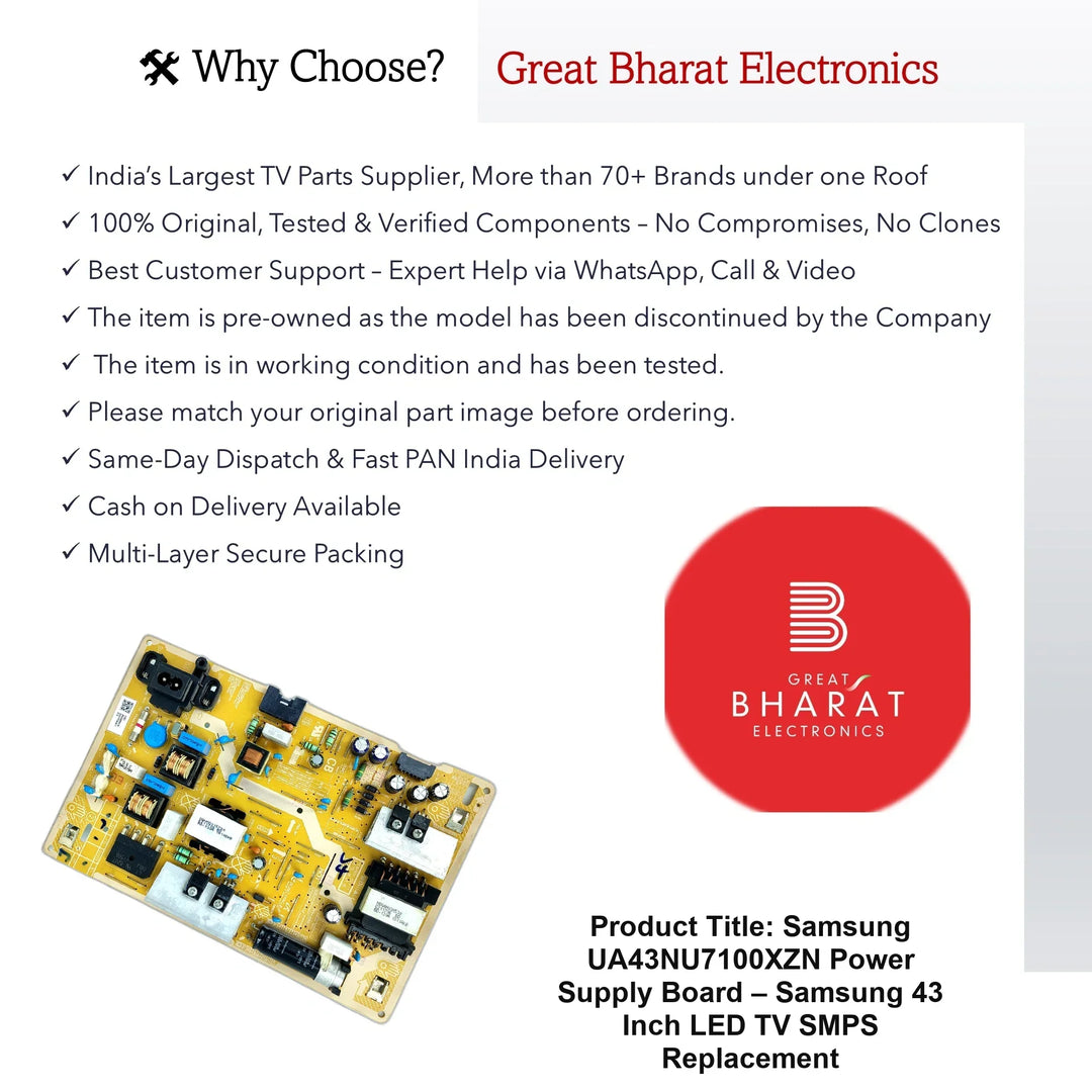 Samsung UA43NU7100XZN Power Supply Board – Samsung 43 Inch LED TV SMPS Replacement - Great Bharat Electronics