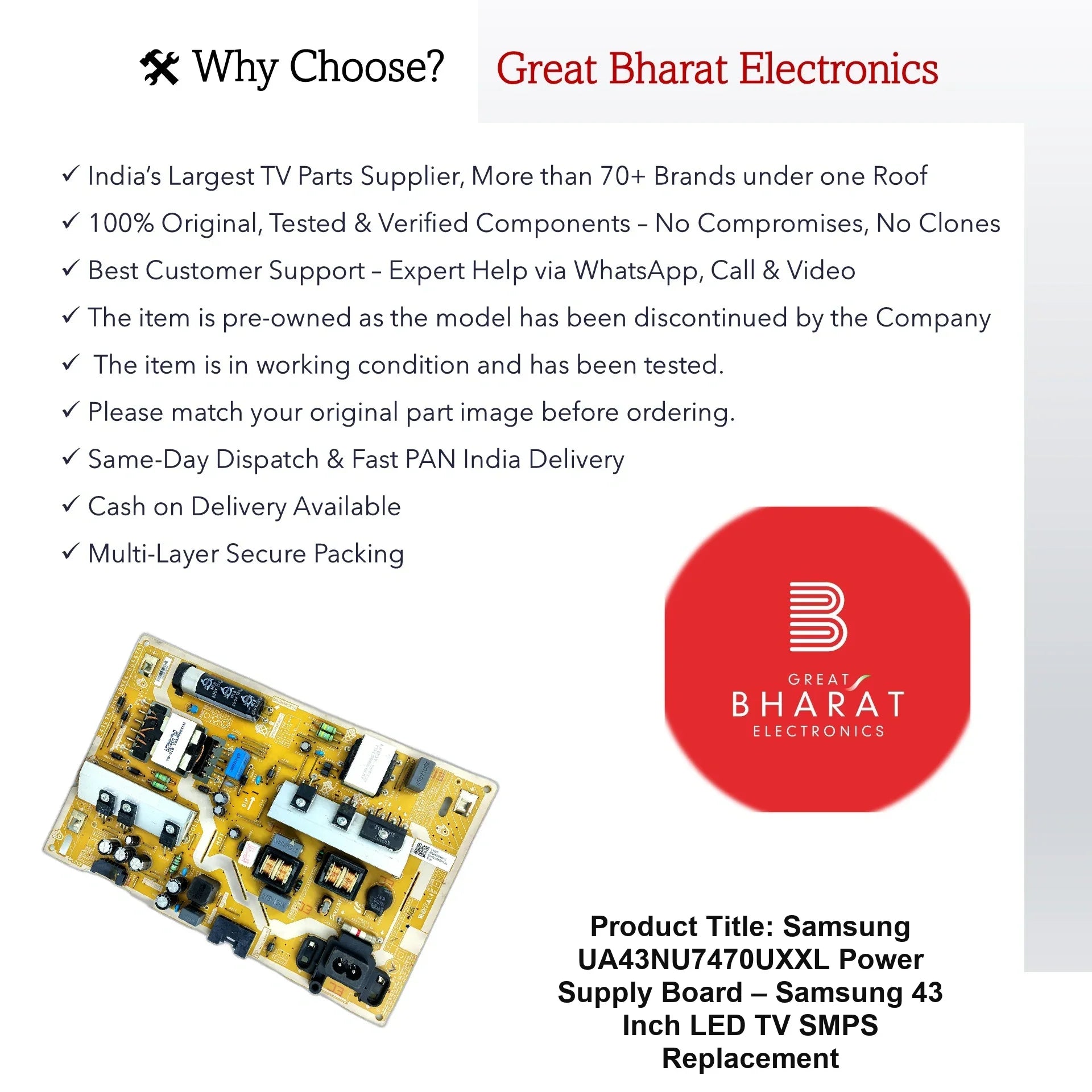Samsung UA43NU7470UXXL Power Supply Board – Samsung 43 Inch LED TV SMPS Replacement - Great Bharat Electronics