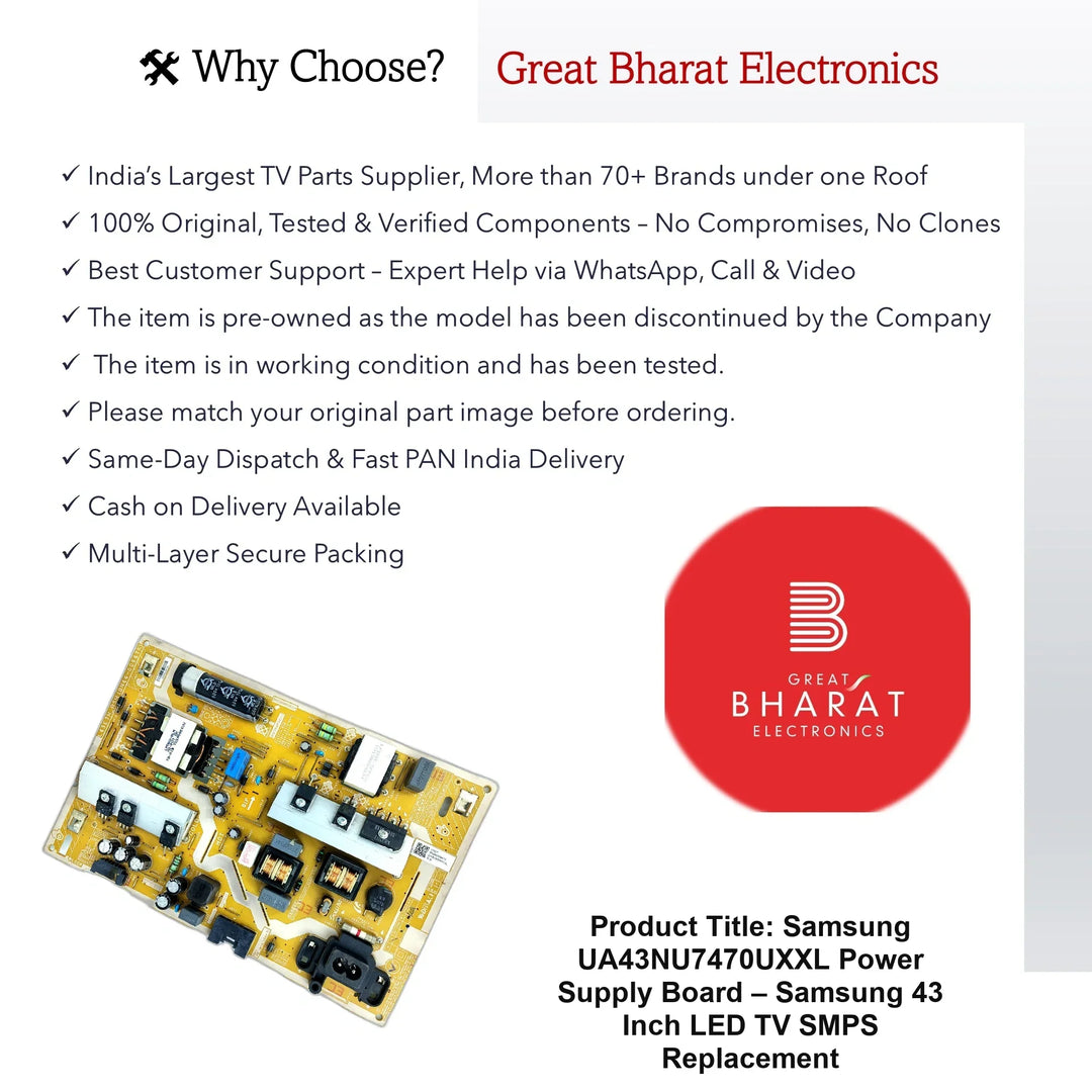 Samsung UA43NU7470UXXL Power Supply Board – Samsung 43 Inch LED TV SMPS Replacement - Great Bharat Electronics