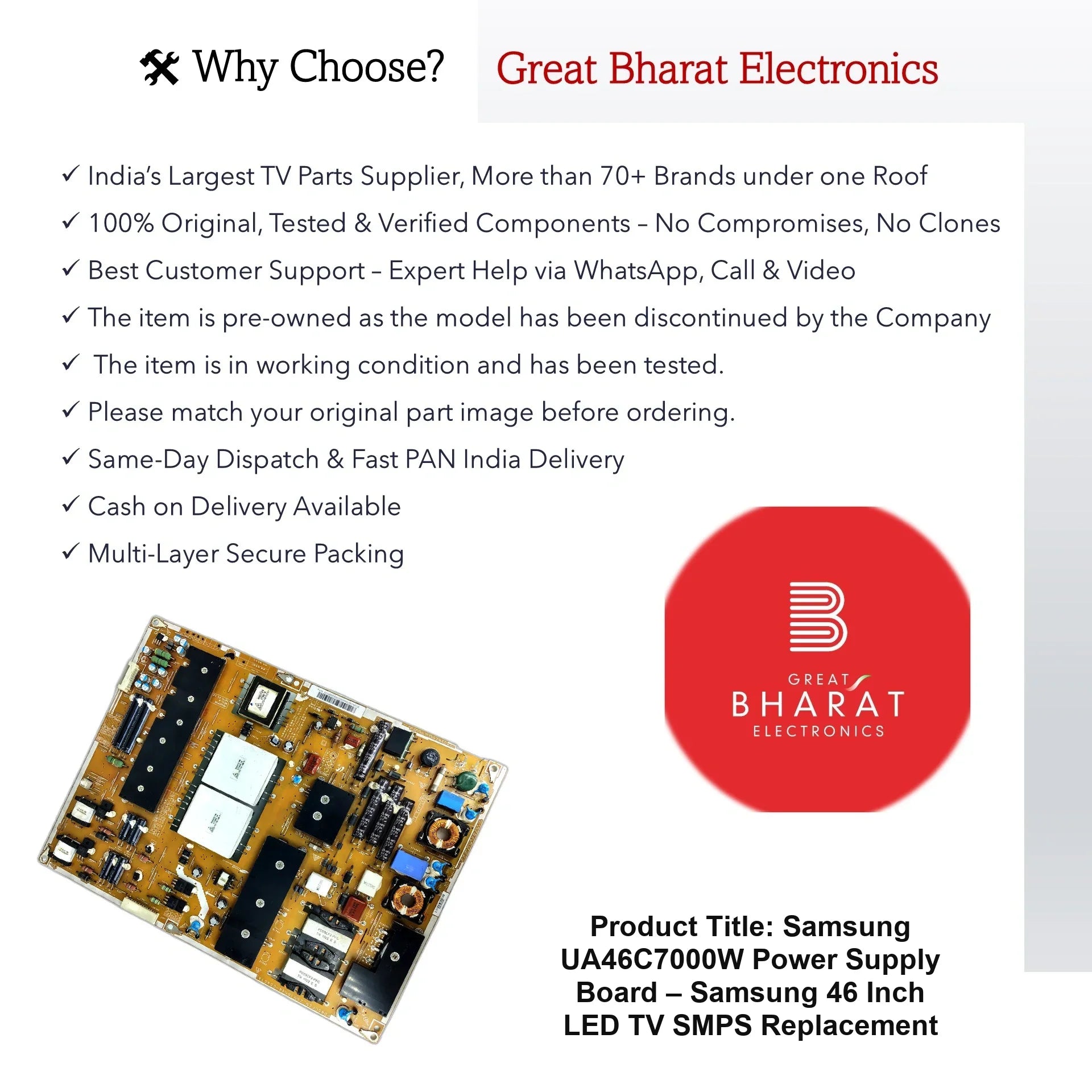 Samsung UA46C7000W Power Supply Board – Samsung 46 Inch LED TV SMPS Replacement - Great Bharat Electronics