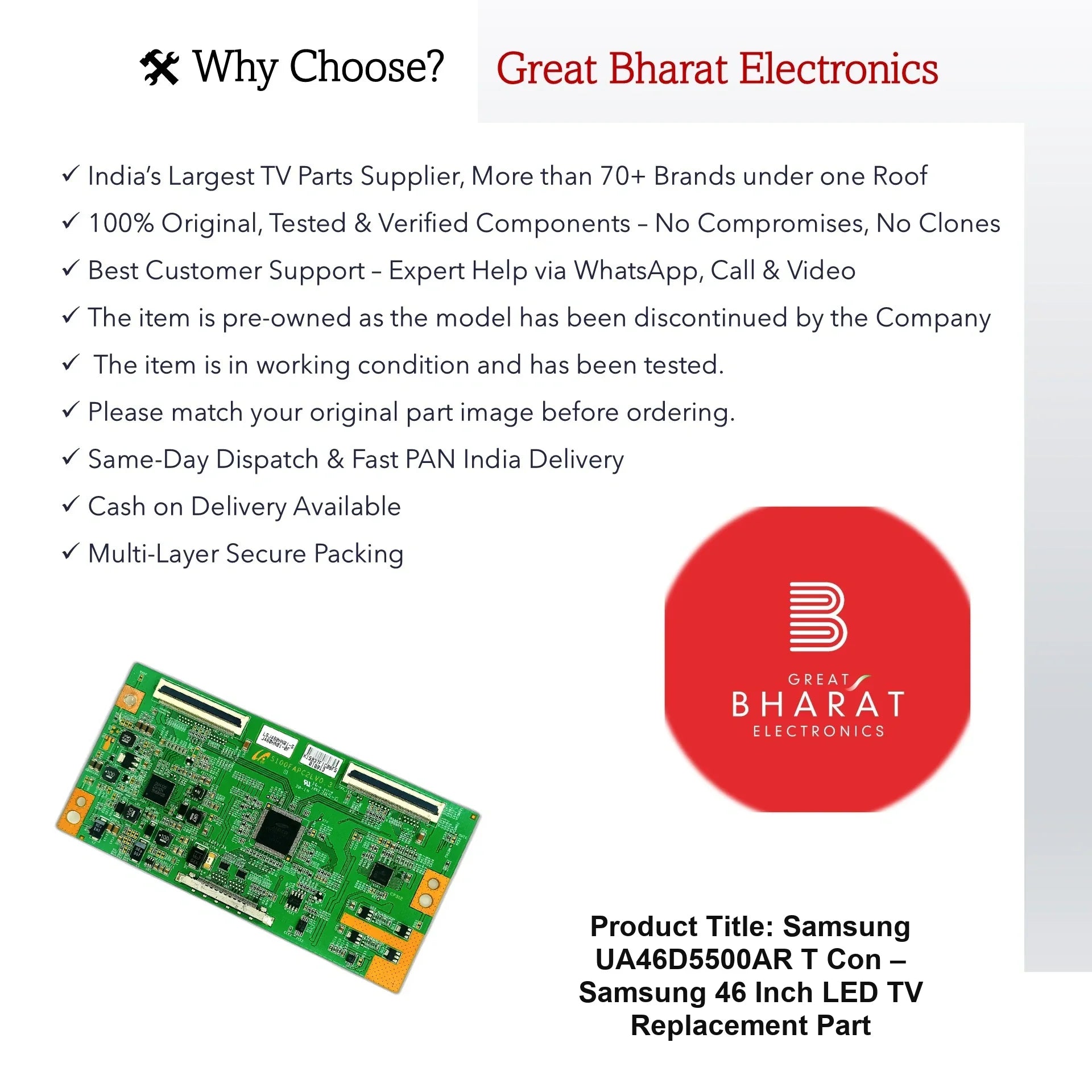 Samsung UA46D5500AR T-Con Board – Samsung 46 Inch LED TV Replacement Part - Great Bharat Electronics