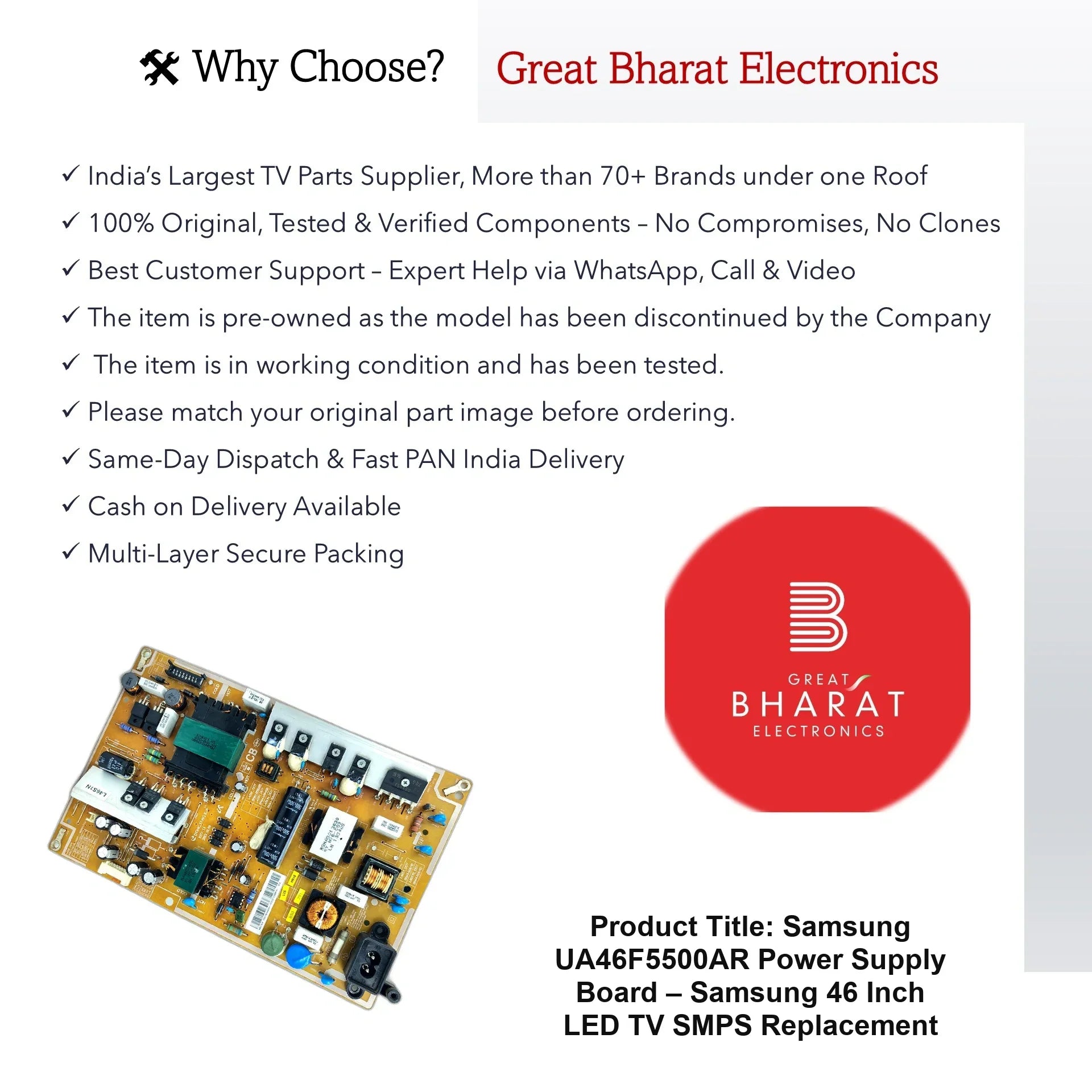 Samsung UA46F5500AR Power Supply Board – Samsung 46 Inch LED TV SMPS Replacement - Great Bharat Electronics