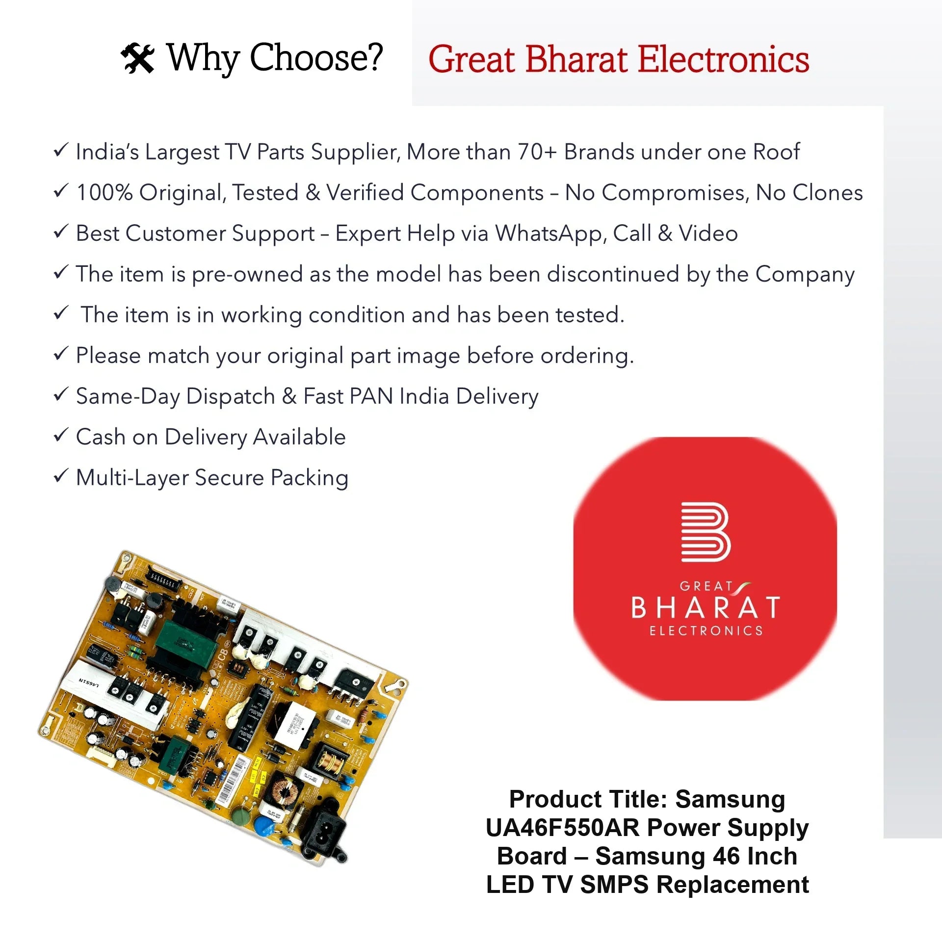 Samsung UA46F550AR Power Supply Board – Samsung 46 Inch LED TV SMPS Replacement - Great Bharat Electronics