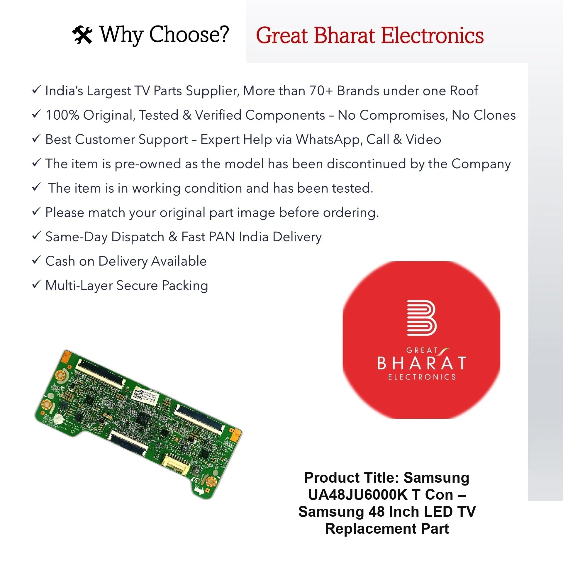 Samsung UA48JU6000K T-Con Board – Samsung 48 Inch LED TV Replacement Part - Great Bharat Electronics