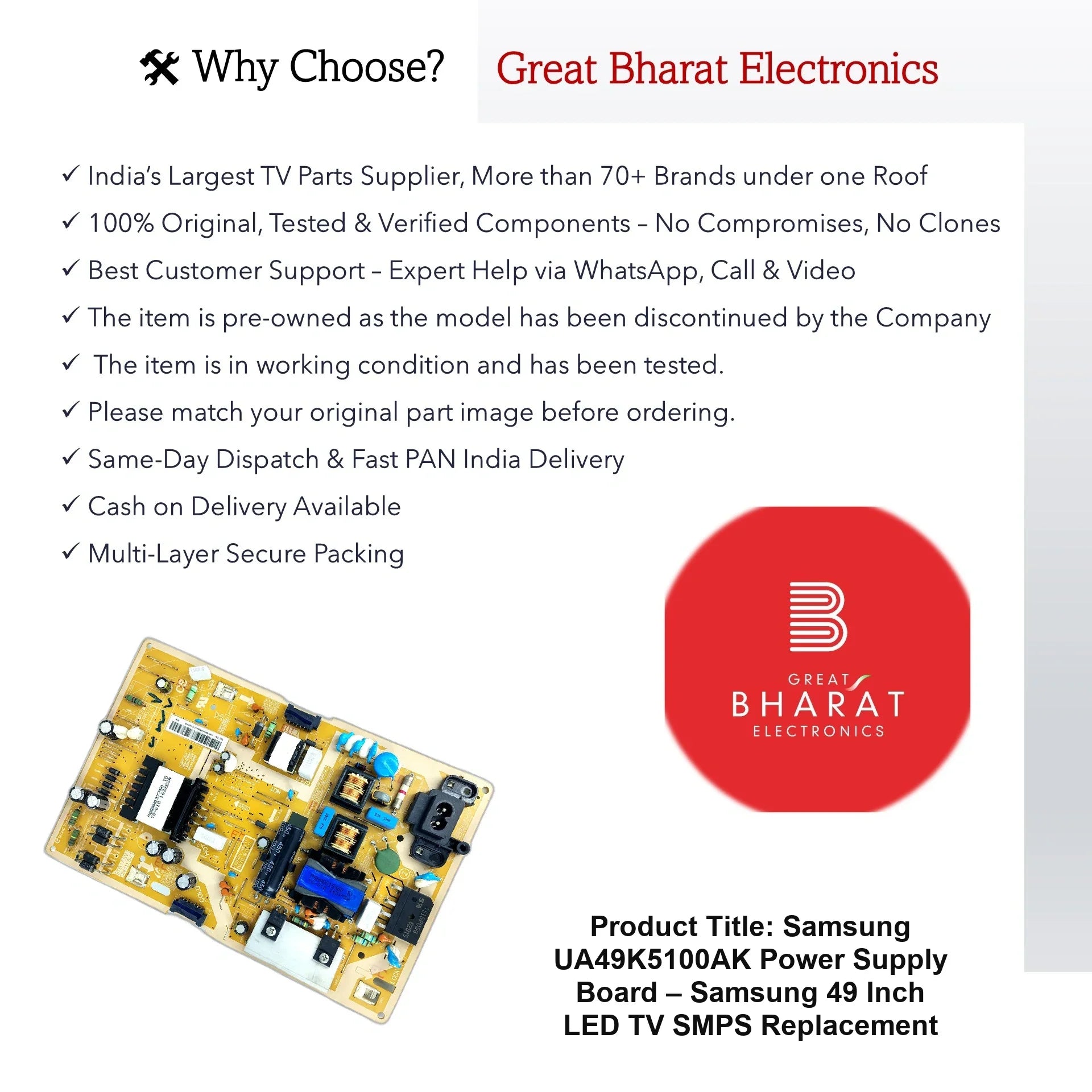 Samsung UA49K5100AK Power Supply Board – Samsung 49 Inch LED TV SMPS Replacement - Great Bharat Electronics