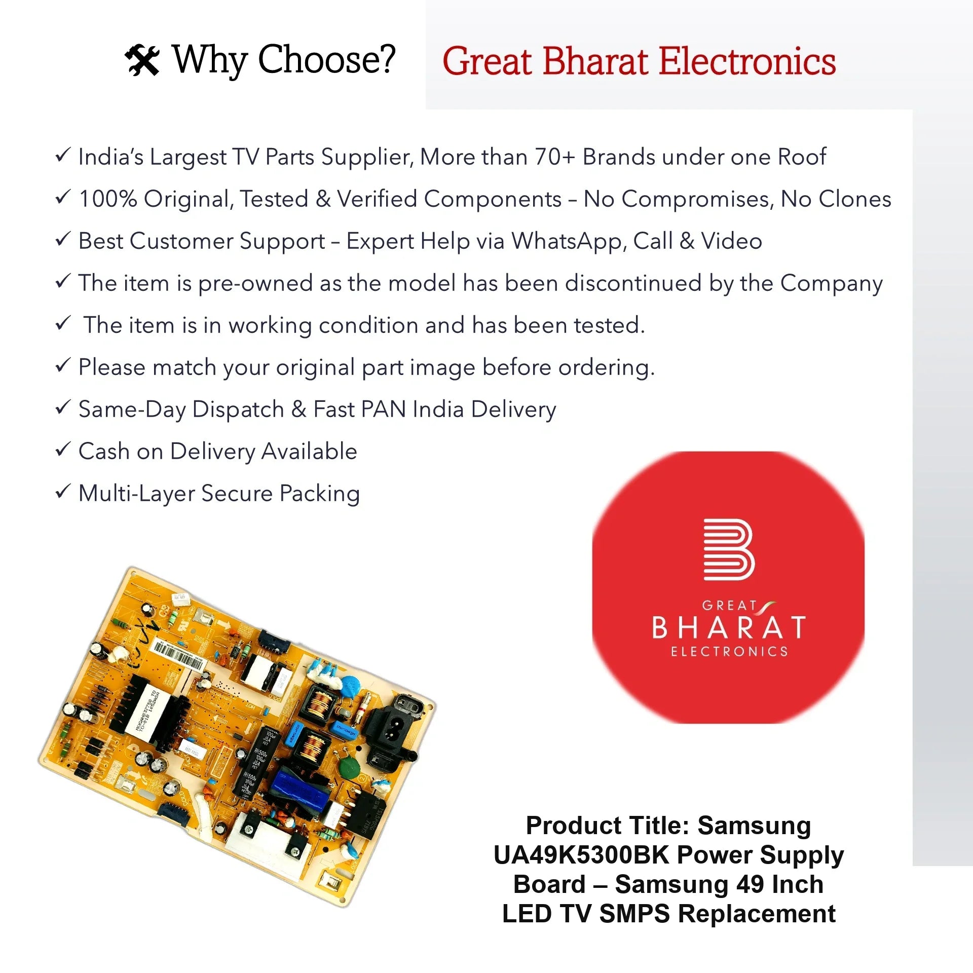 Samsung UA49K5300BK Power Supply Board – Samsung 49 Inch LED TV SMPS Replacement - Great Bharat Electronics
