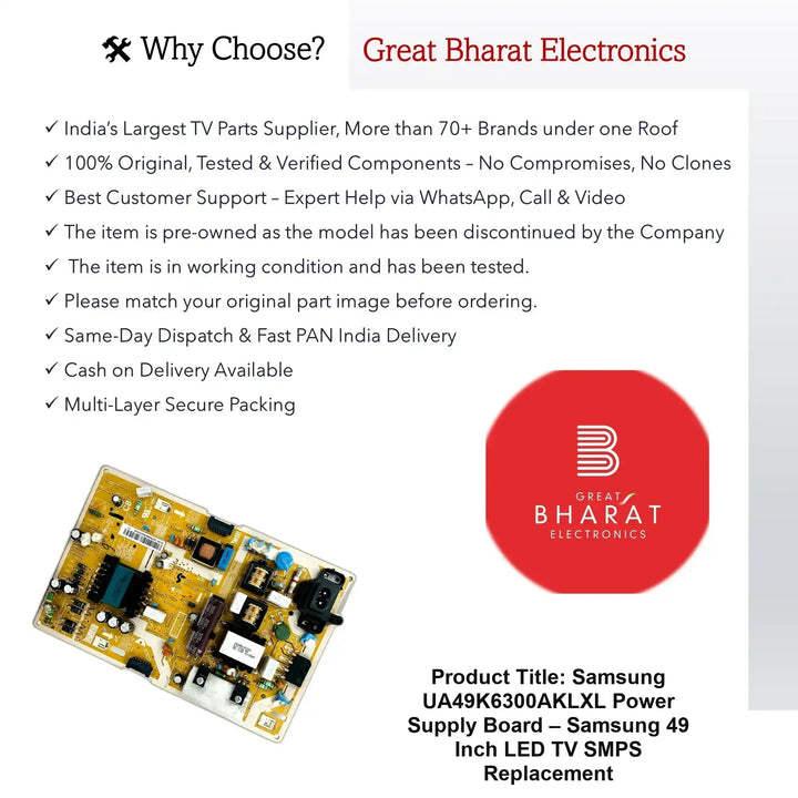 Samsung UA49K6300AKLXL Power Supply Board – Samsung 49 Inch LED TV SMPS Replacement - Great Bharat Electronics