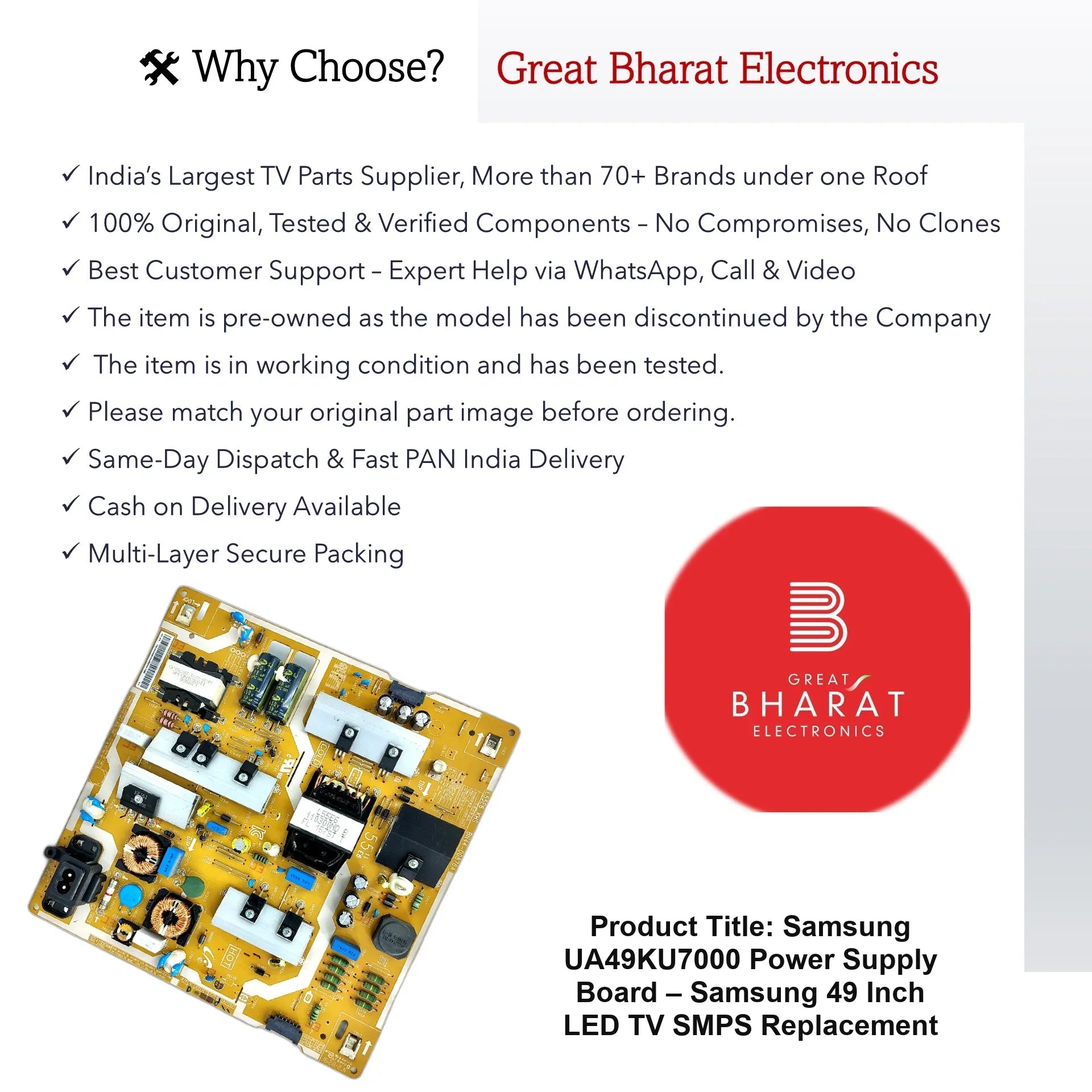 Samsung UA49KU7000 Power Supply Board – Samsung 49 Inch LED TV SMPS Replacement - Great Bharat Electronics
