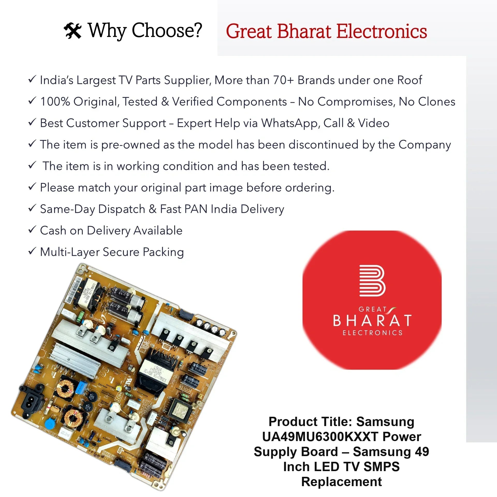Samsung UA49MU6300KXXT Power Supply Board – Samsung 49 Inch LED TV SMPS Replacement - Great Bharat Electronics