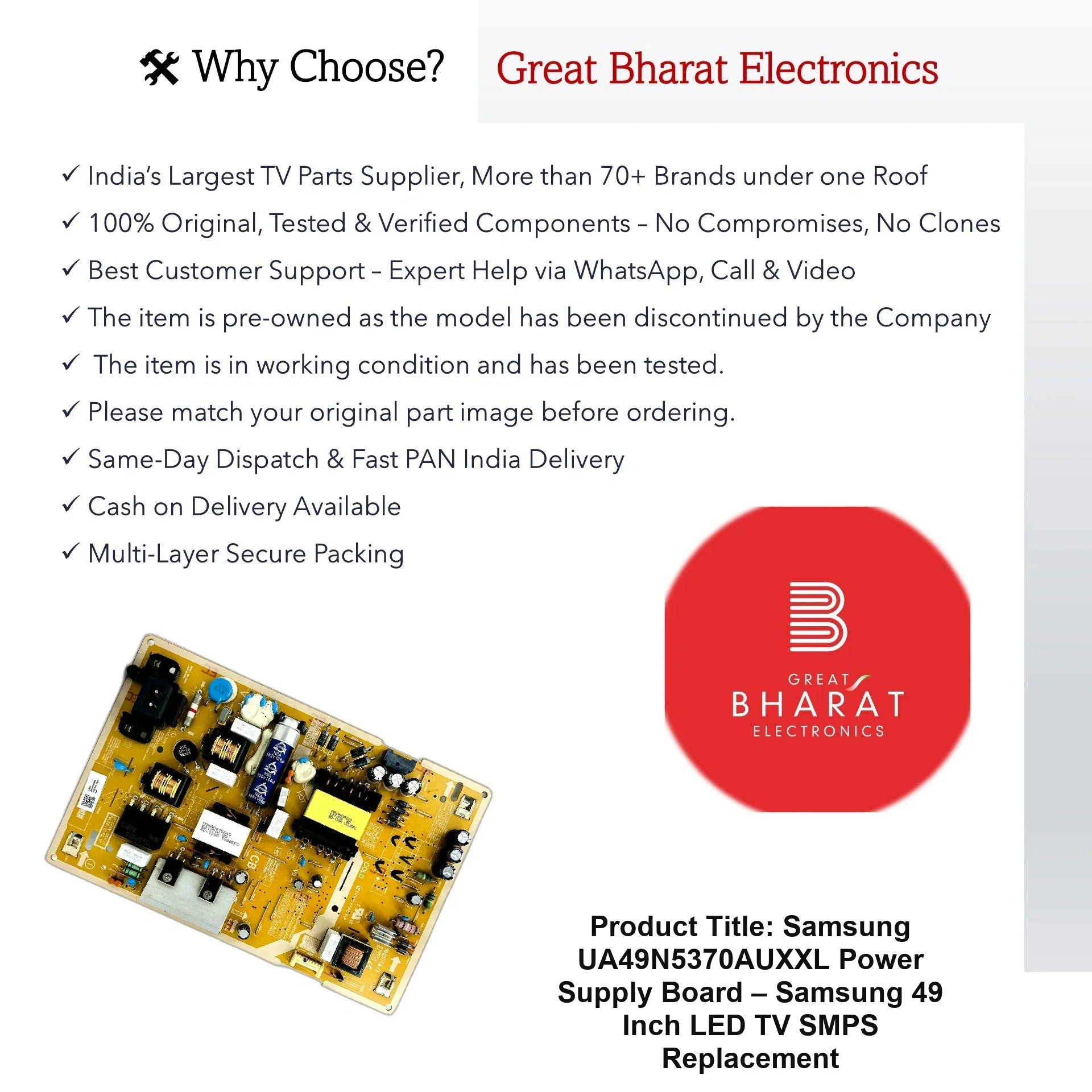 Samsung UA49N5370AUXXL Power Supply Board – Samsung 49 Inch LED TV SMPS Replacement - Great Bharat Electronics