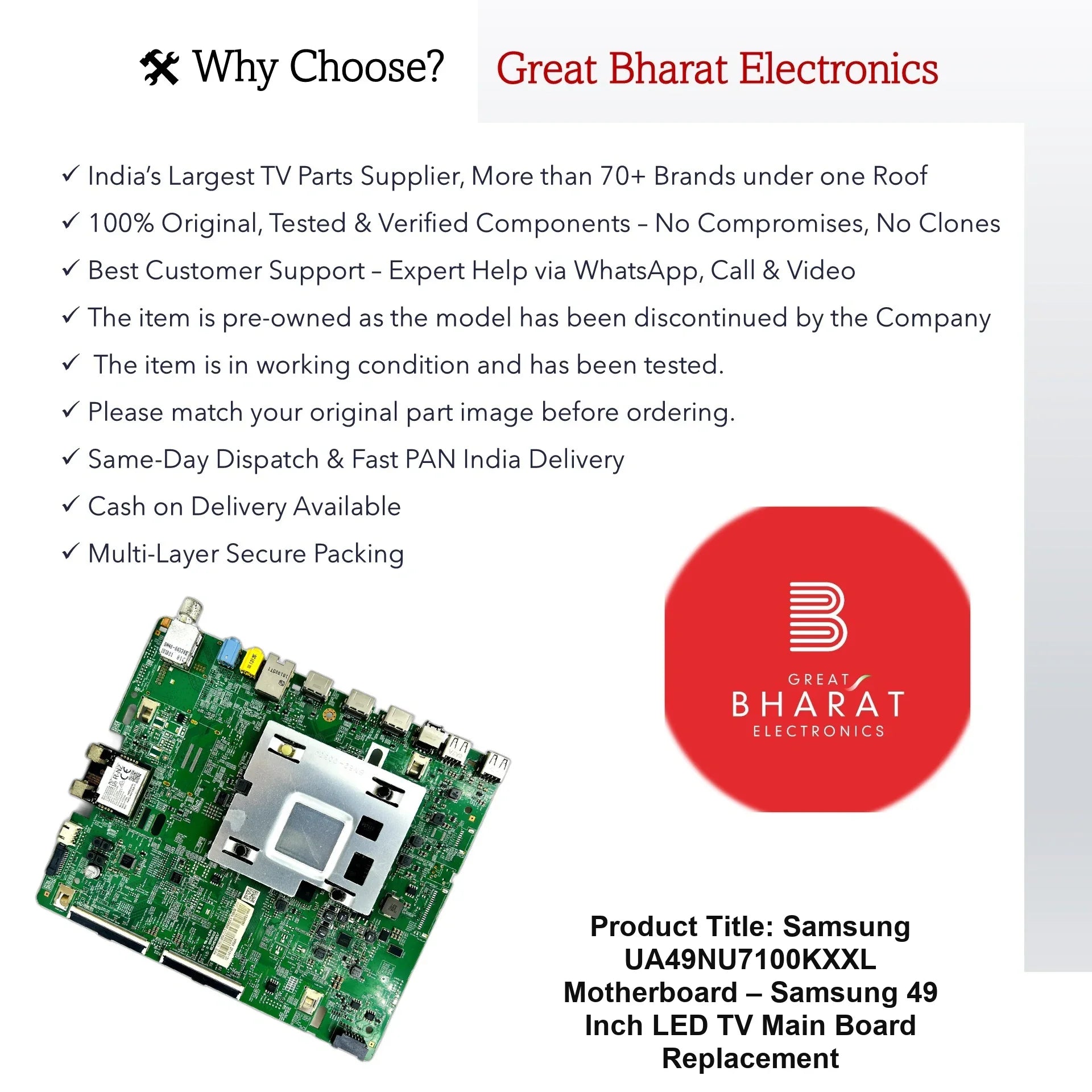 Samsung UA49NU7100KXXL Motherboard – Samsung 49 Inch LED TV Main Board Replacement - Great Bharat Electronics