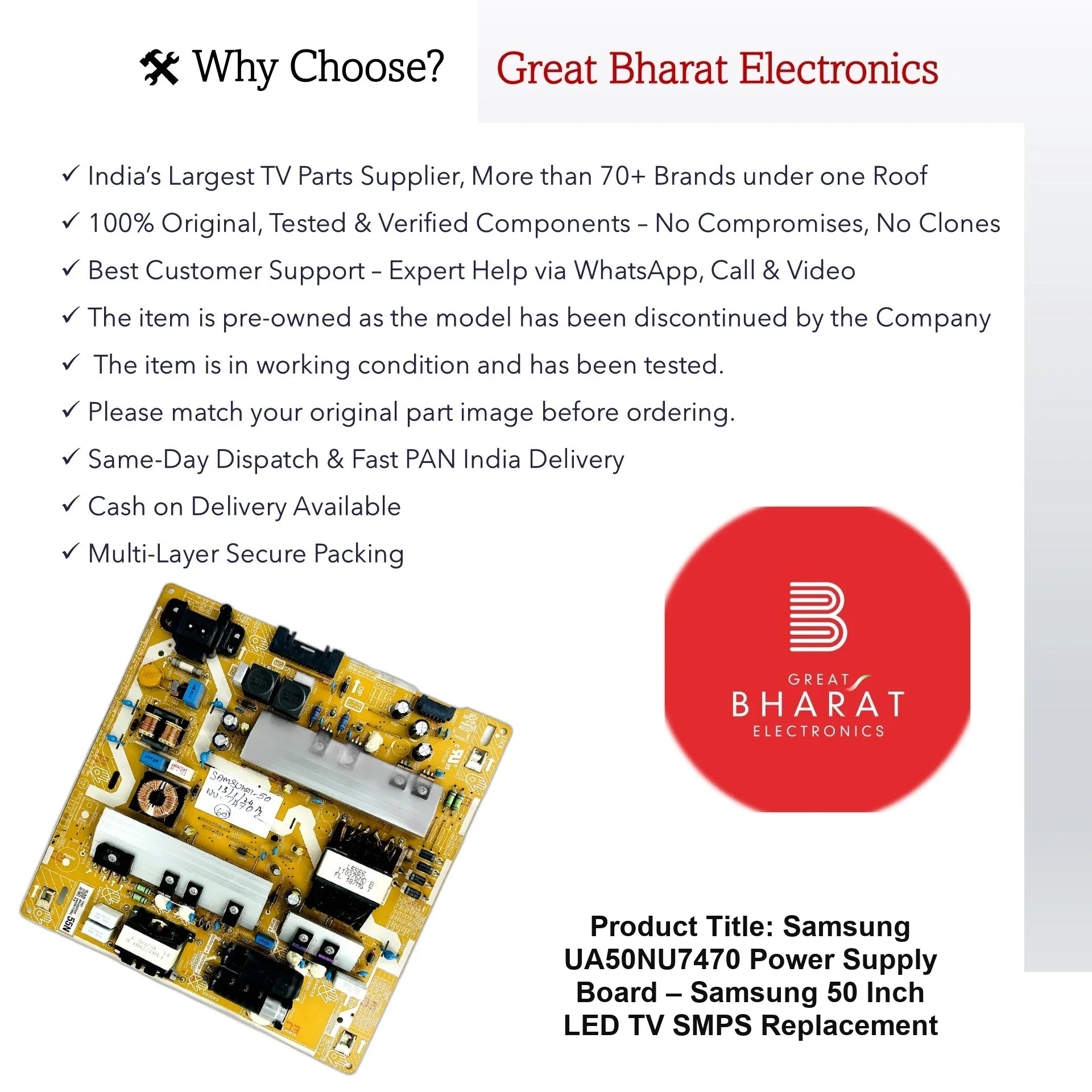 Samsung UA50NU7470 Power Supply Board – Samsung 50 Inch LED TV SMPS Replacement - Great Bharat Electronics