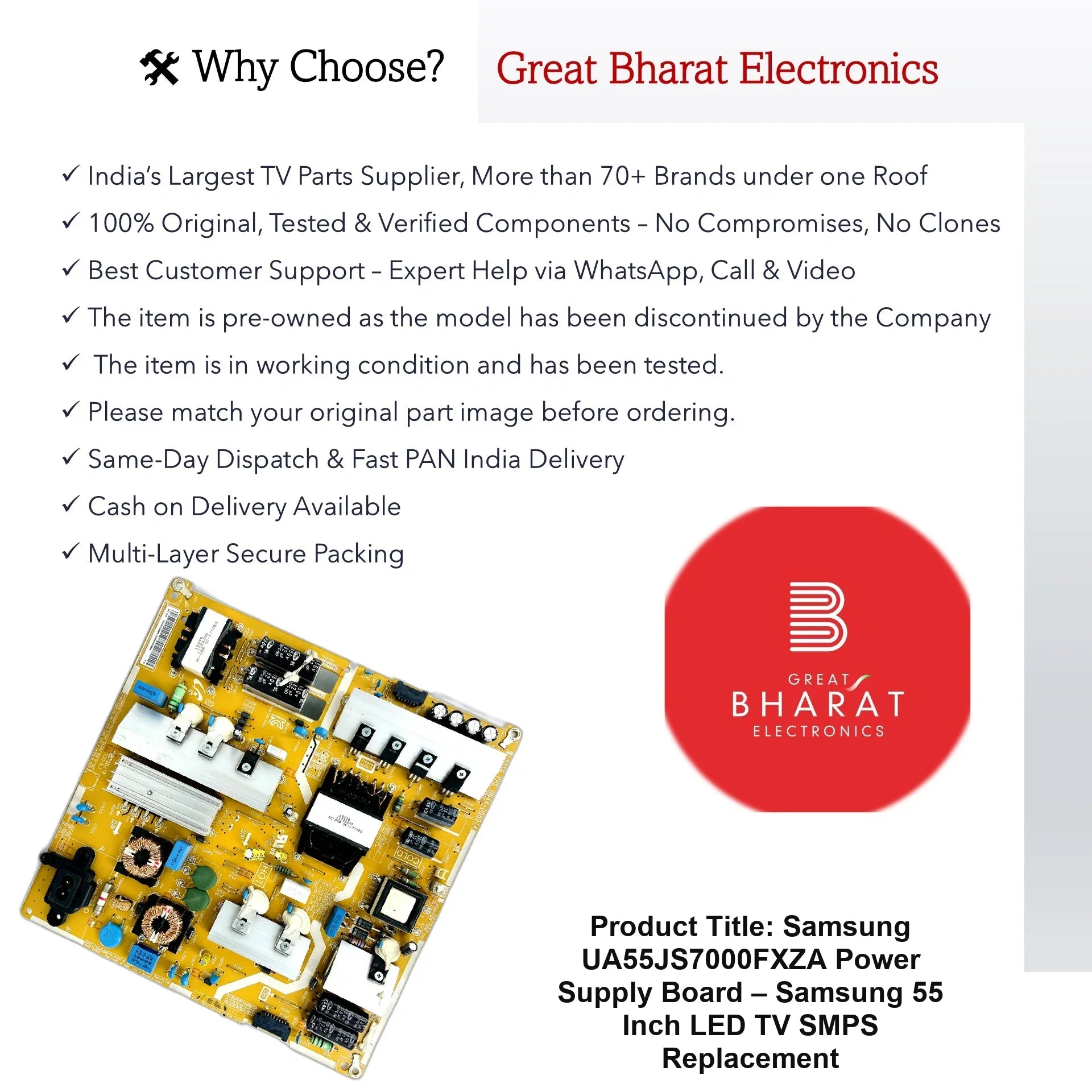 Samsung UA55JS7000FXZA Power Supply Board – Samsung 55 Inch LED TV SMPS Replacement - Great Bharat Electronics