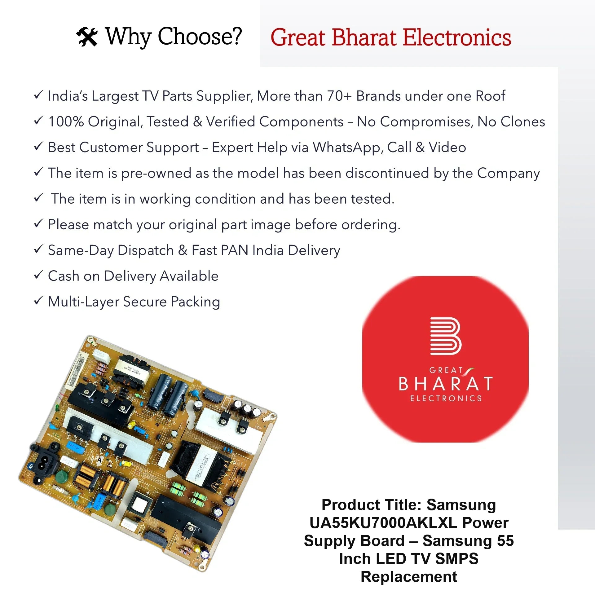Samsung UA55KU7000AKLXL Power Supply Board – Samsung 55 Inch LED TV SMPS Replacement - Great Bharat Electronics
