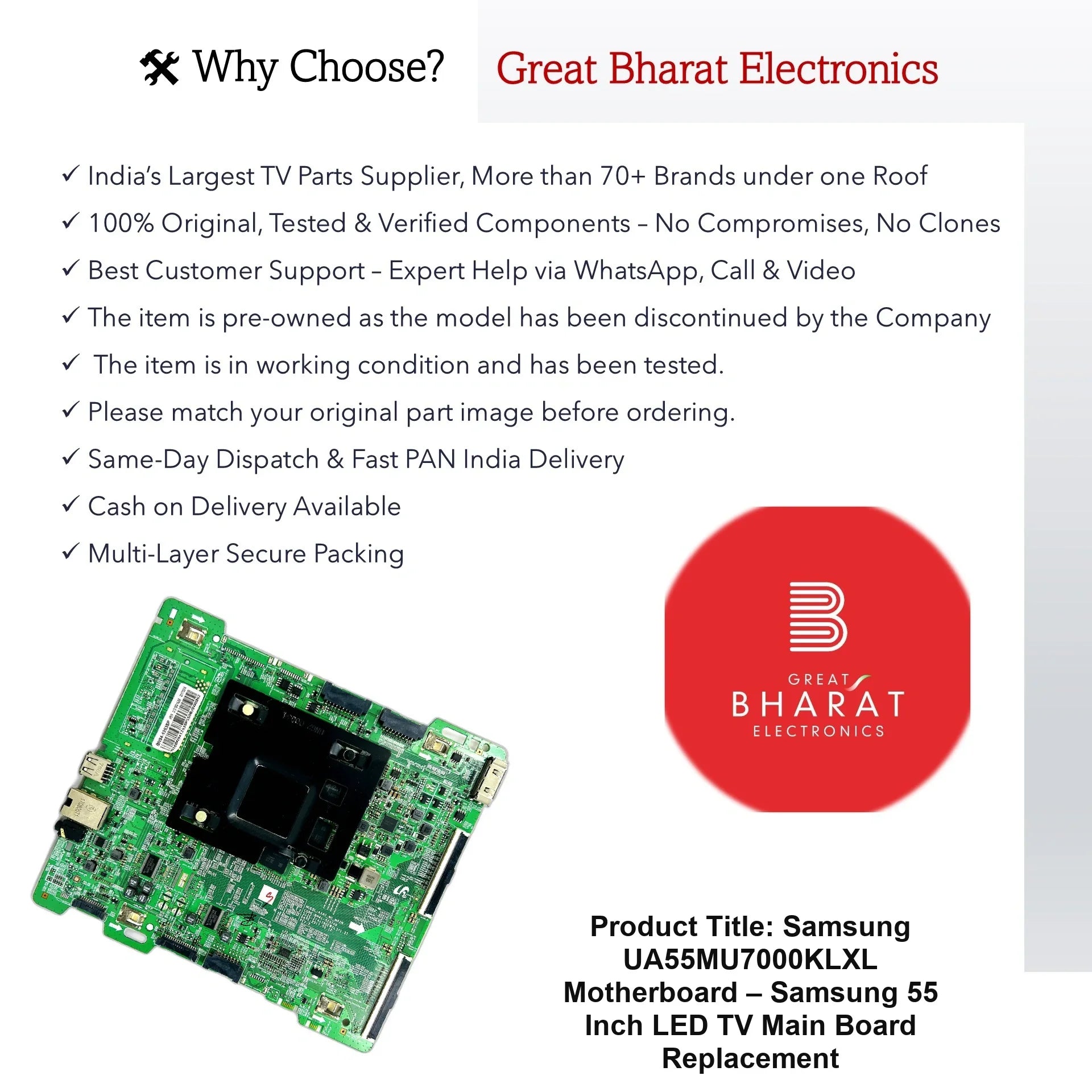 Samsung UA55MU7000KLXL Motherboard – Samsung 55 Inch LED TV Main Board Replacement - Great Bharat Electronics