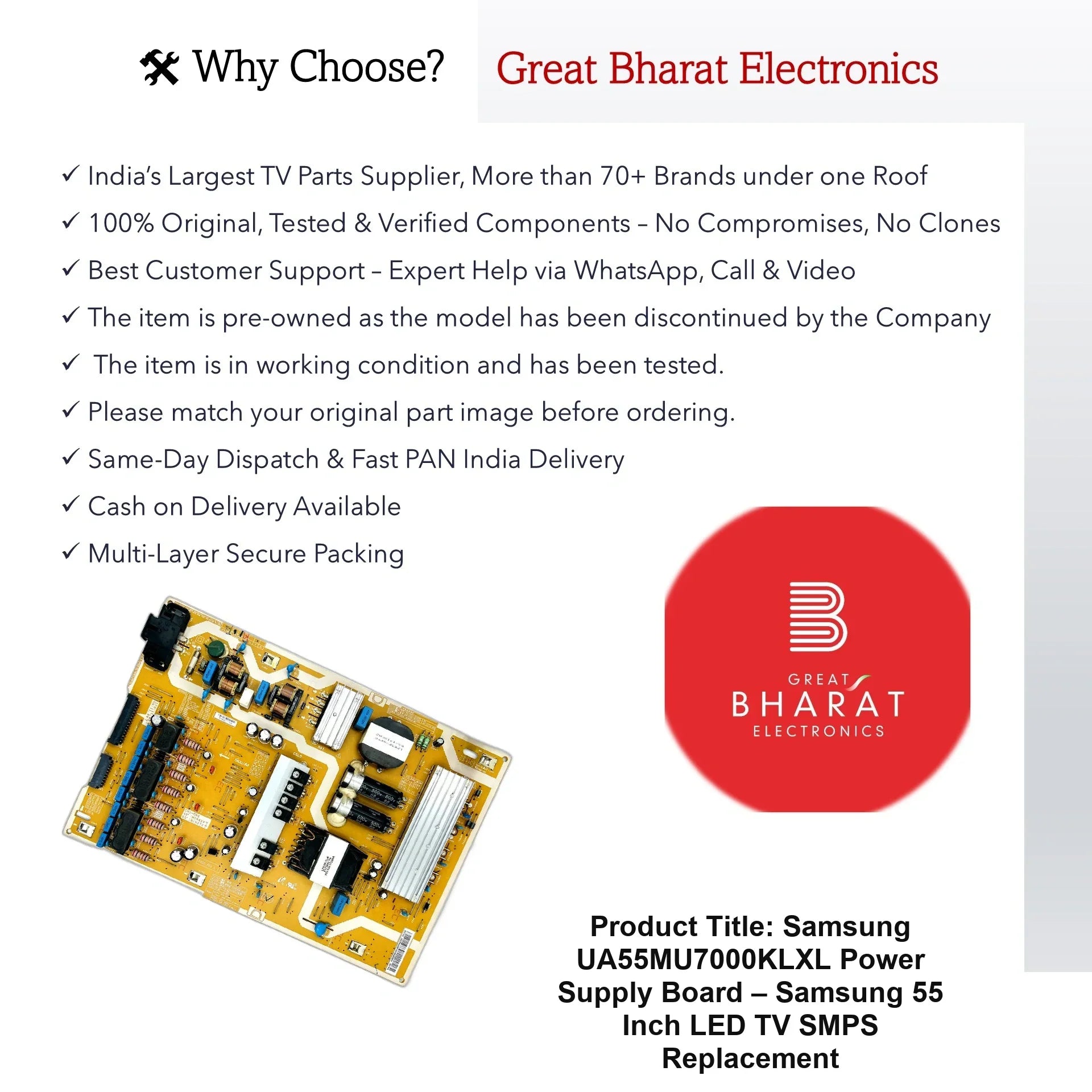 Samsung UA55MU7000KLXL Power Supply Board – Samsung 55 Inch LED TV SMPS Replacement - Great Bharat Electronics