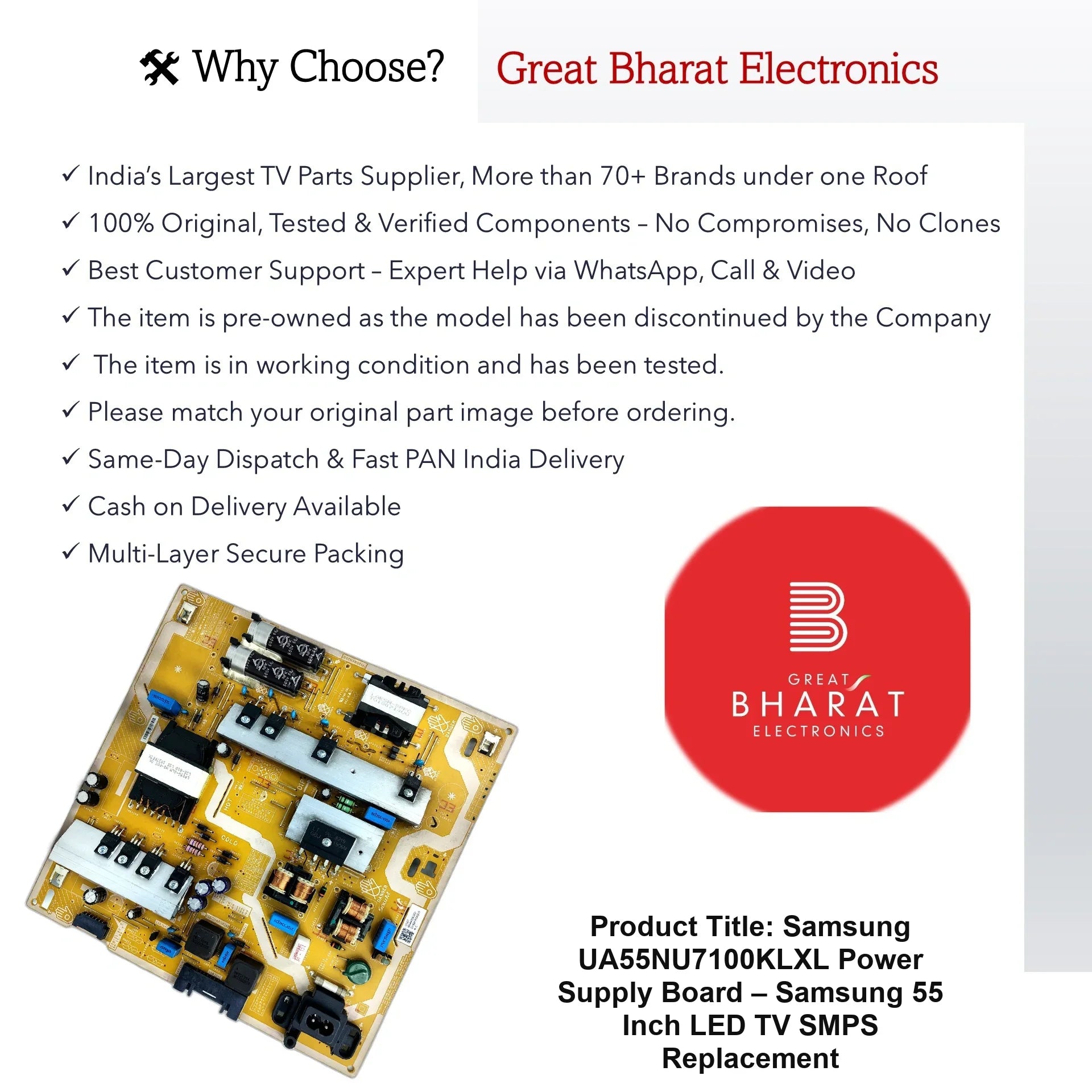 Samsung UA55NU7100KLXL Power Supply Board – Samsung 55 Inch LED TV SMPS Replacement - Great Bharat Electronics