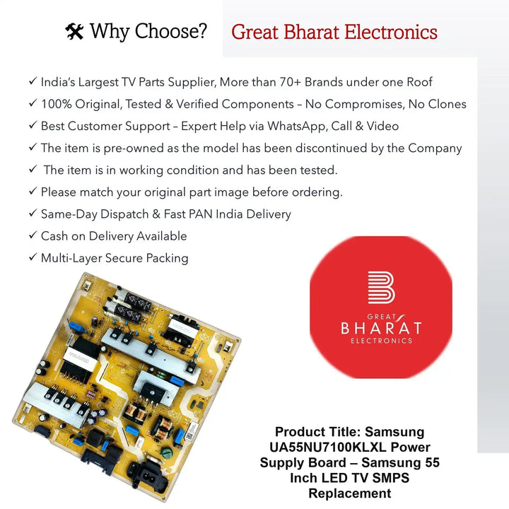Samsung UA55NU7100KLXL Power Supply Board – Samsung 55 Inch LED TV SMPS Replacement - Great Bharat Electronics