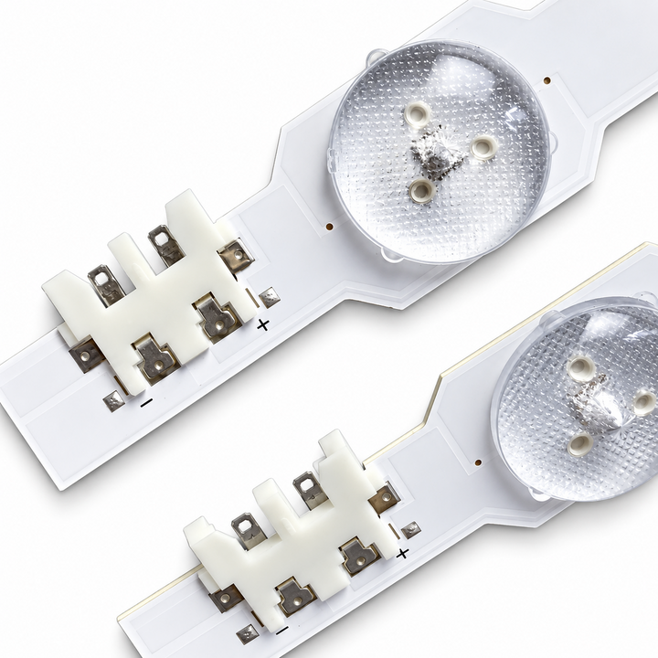 Samsung UE40H5100AK backlight strip connector detail showing positive and negative terminals beside LED lenses