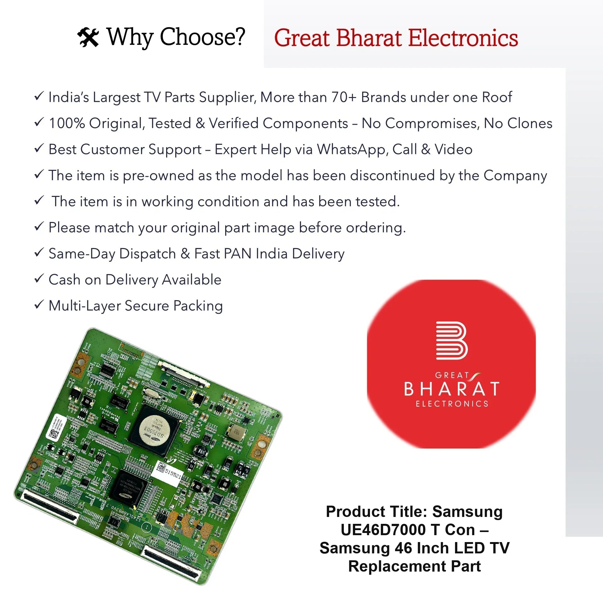 Samsung UE46D7000 T-Con Board – Samsung 46 Inch LED TV Replacement Part - Great Bharat Electronics