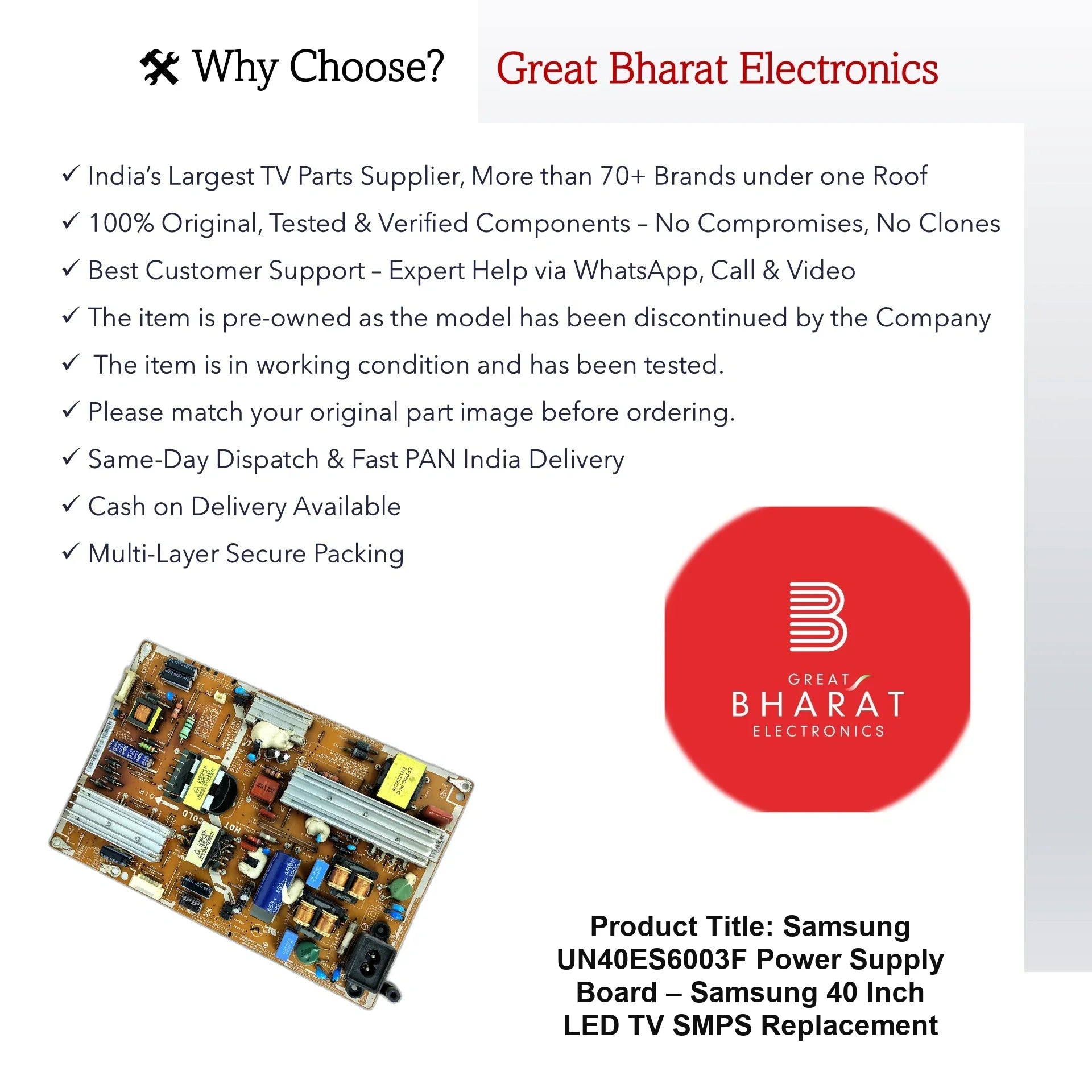 Samsung UN40ES6003F Power Supply Board – Samsung 40 Inch LED TV SMPS Replacement - Great Bharat Electronics
