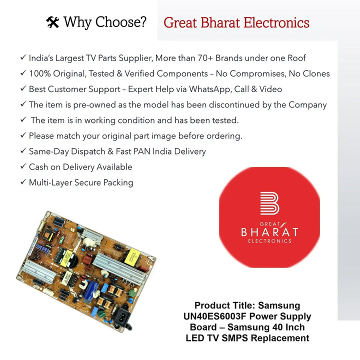 Samsung UN40ES6003F Power Supply Board – Samsung 40 Inch LED TV SMPS Replacement - Great Bharat Electronics