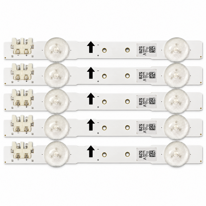 Samsung UN40HU6950 backlight strip close-up showing white connectors, LED lenses, polarity markings and mounting holes