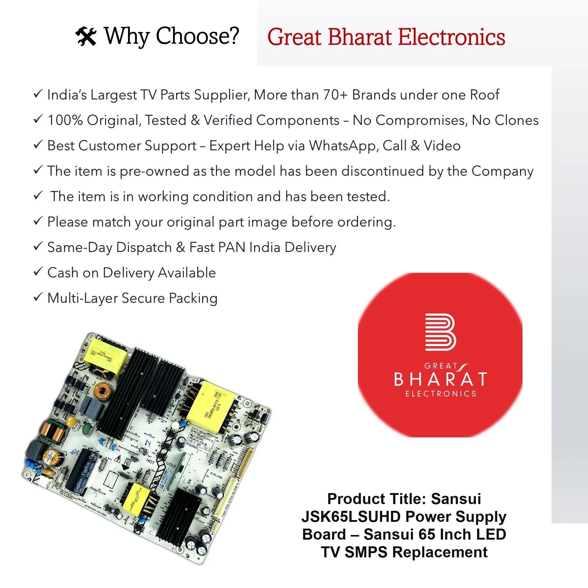 Sansui JSK65LSUHD Power Supply Board – Sansui 65 Inch LED TV SMPS Replacement - Great Bharat Electronics